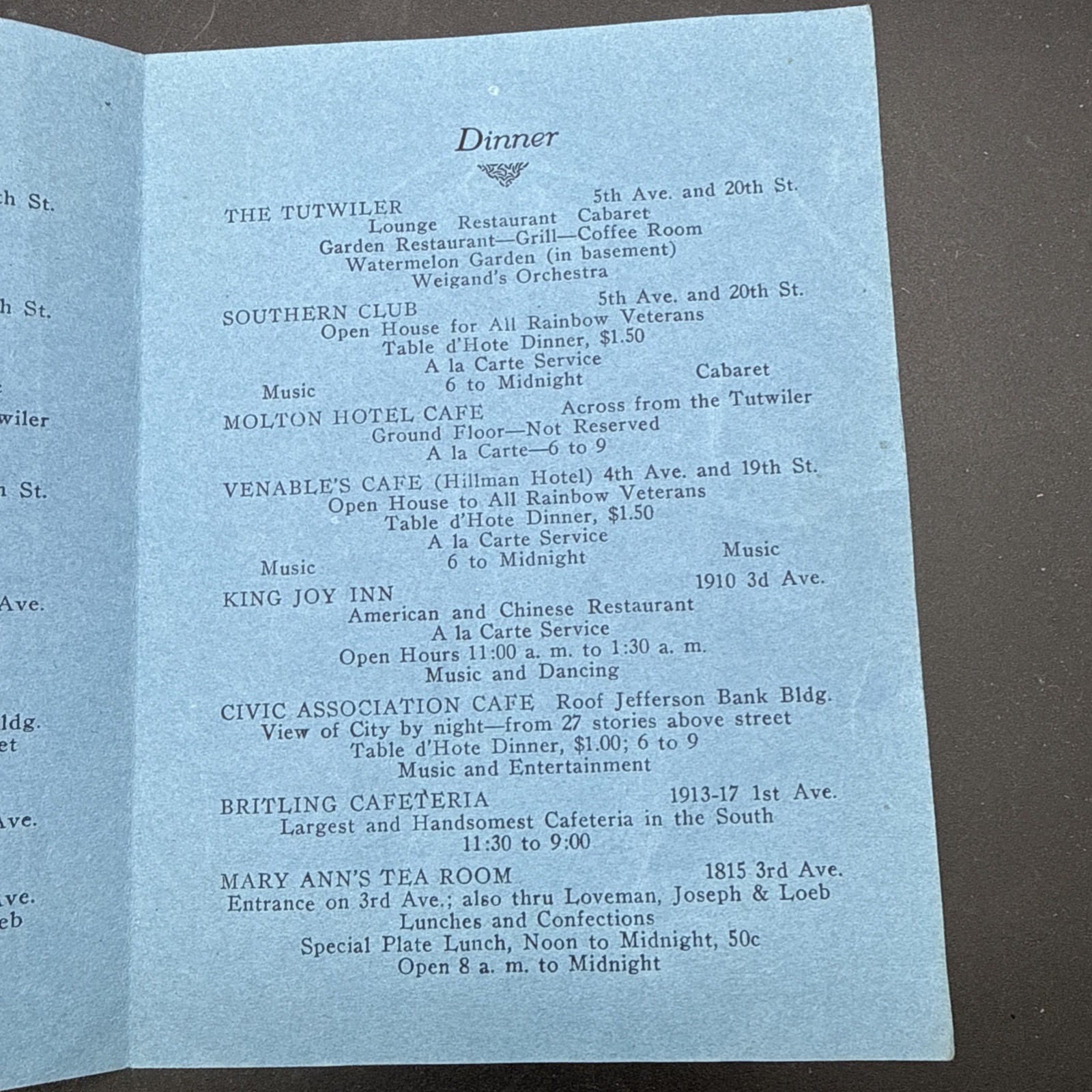 Official Directory WWI Rainbow Division Veterans 1920 reunion lunch dinner menu