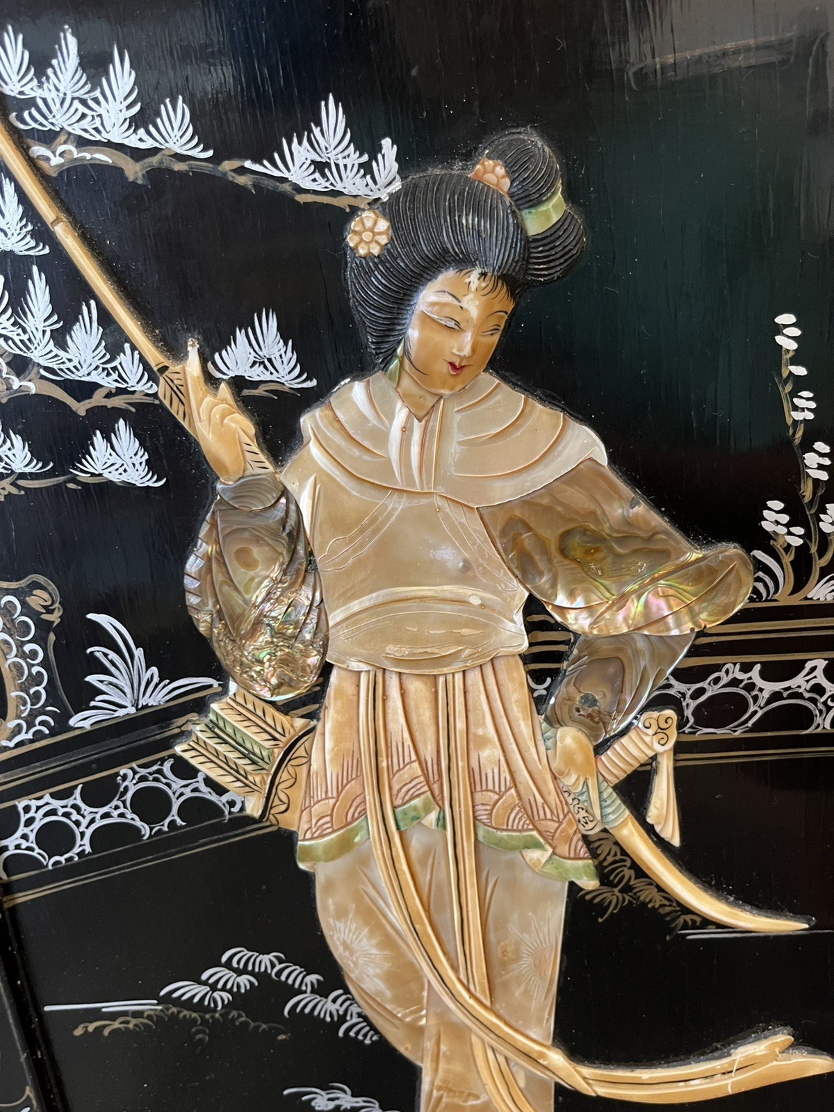 VTG 5 Asian Oriental BLACK Lacquer Mother of Pearl Wall Panels 36H x 11,5W, 30”