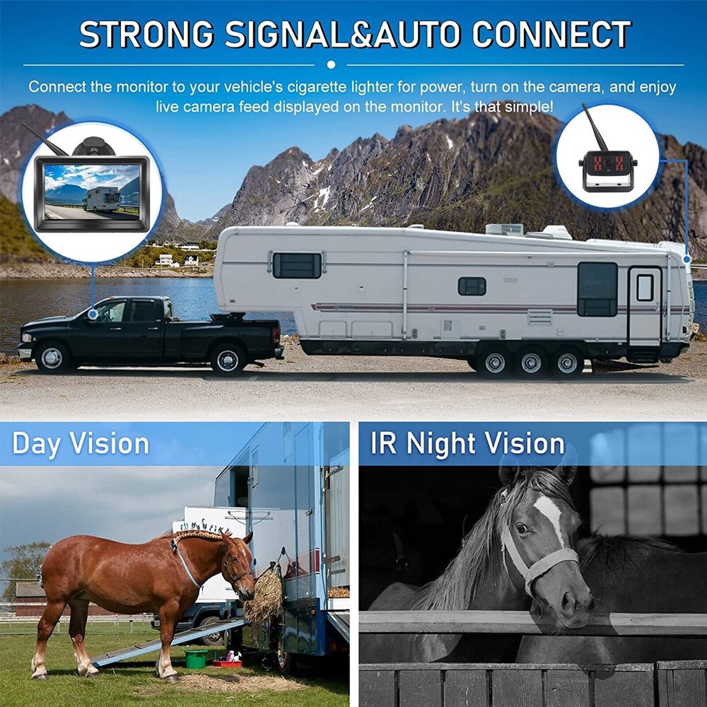 1080P Solar Magnetic Wireless RV Backup Camera 5" Car Monitor for Trailer Truck