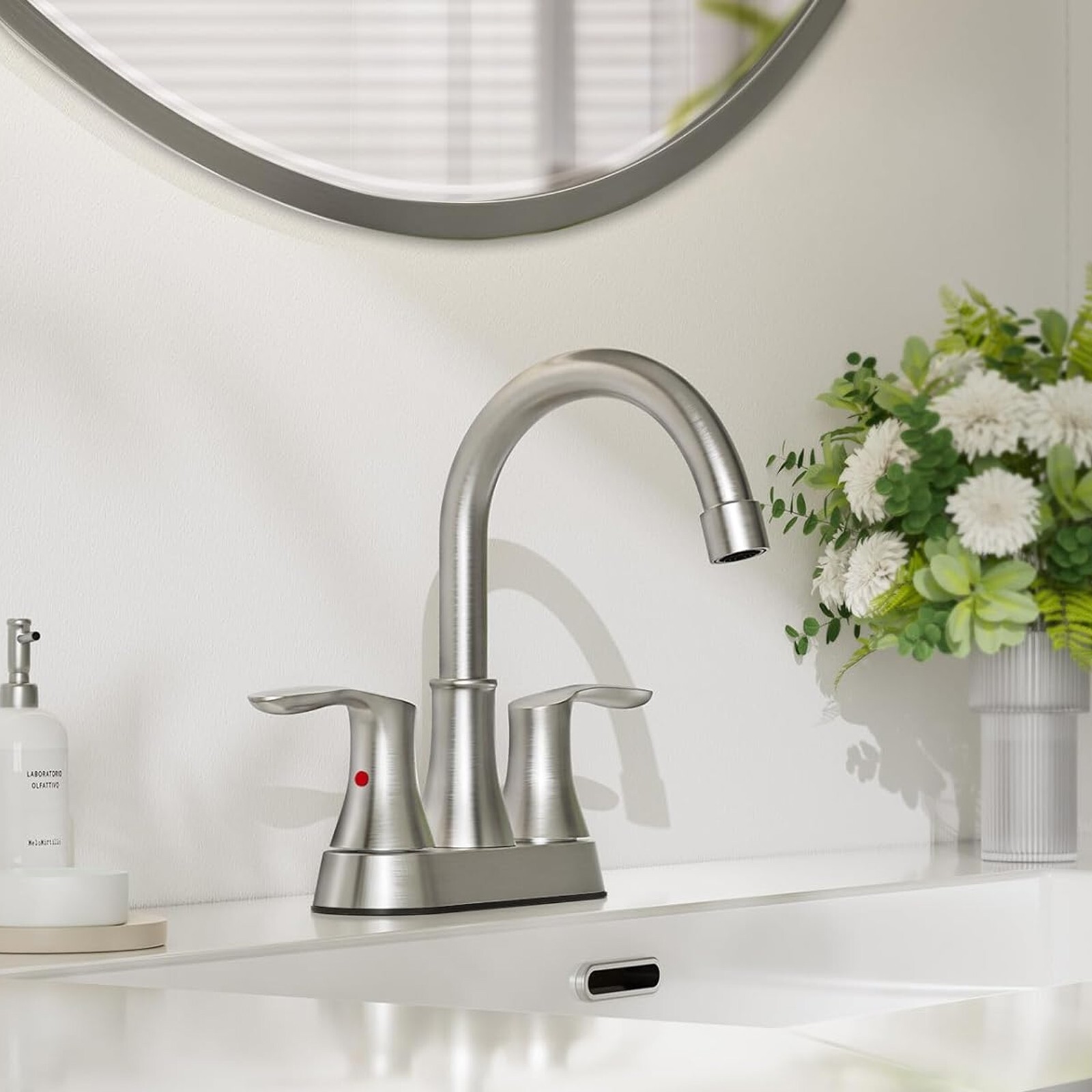 Brushed Nickel Bathroom Sink Faucet 3Hole 4in Centerset Vanity Mixer with Drain