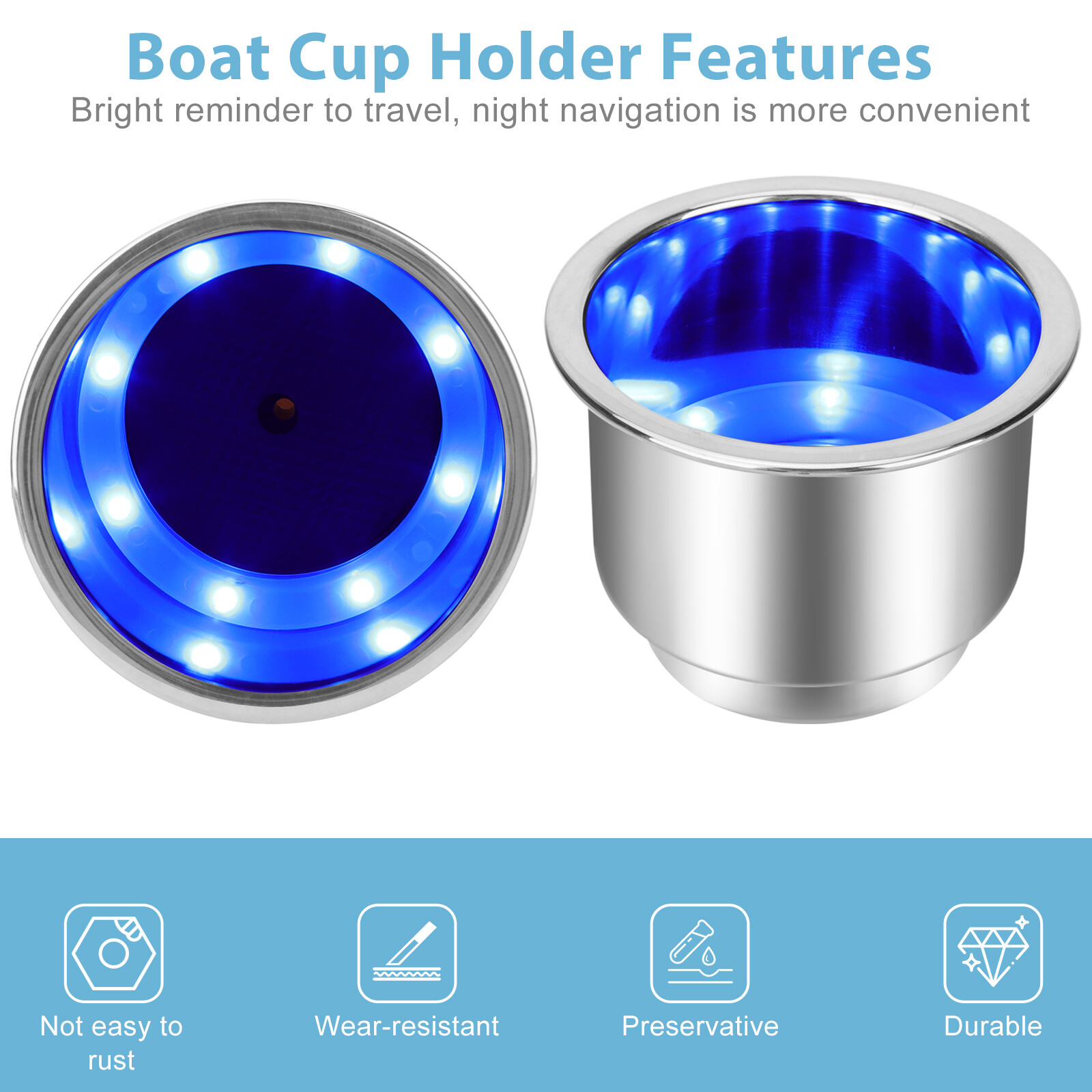 2PCS Stainless Steel 8 LED Cup Drink Holder Blue Light Marine Boat Truck Camper