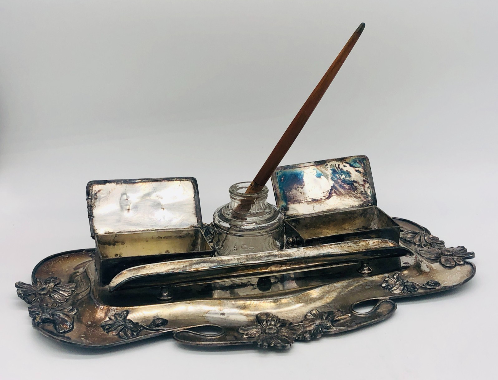 Antique 1905 Derby Silver Co. Art Nouveau Inkwell Set - Engraved #1778 - USA