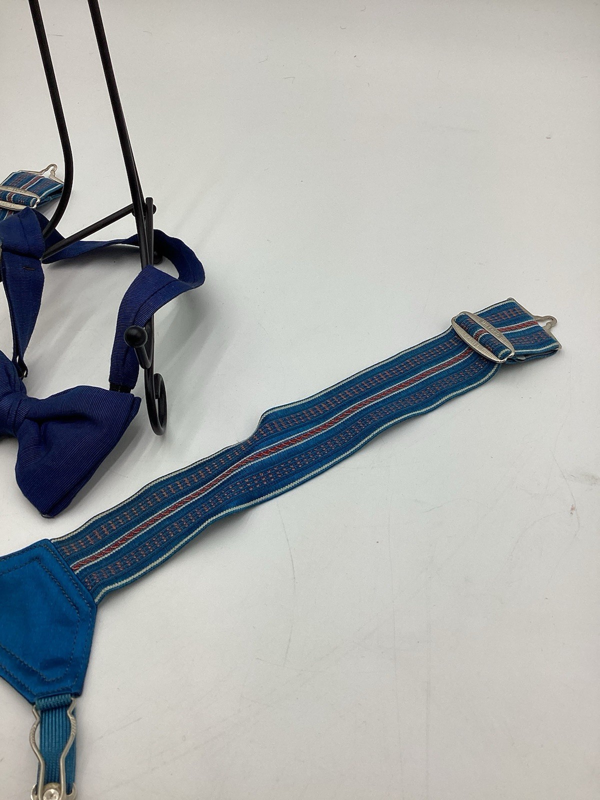 Vintage Child’s Suspenders & Bow Tie Set–Blue Elastic Braces & Navy Bowtie