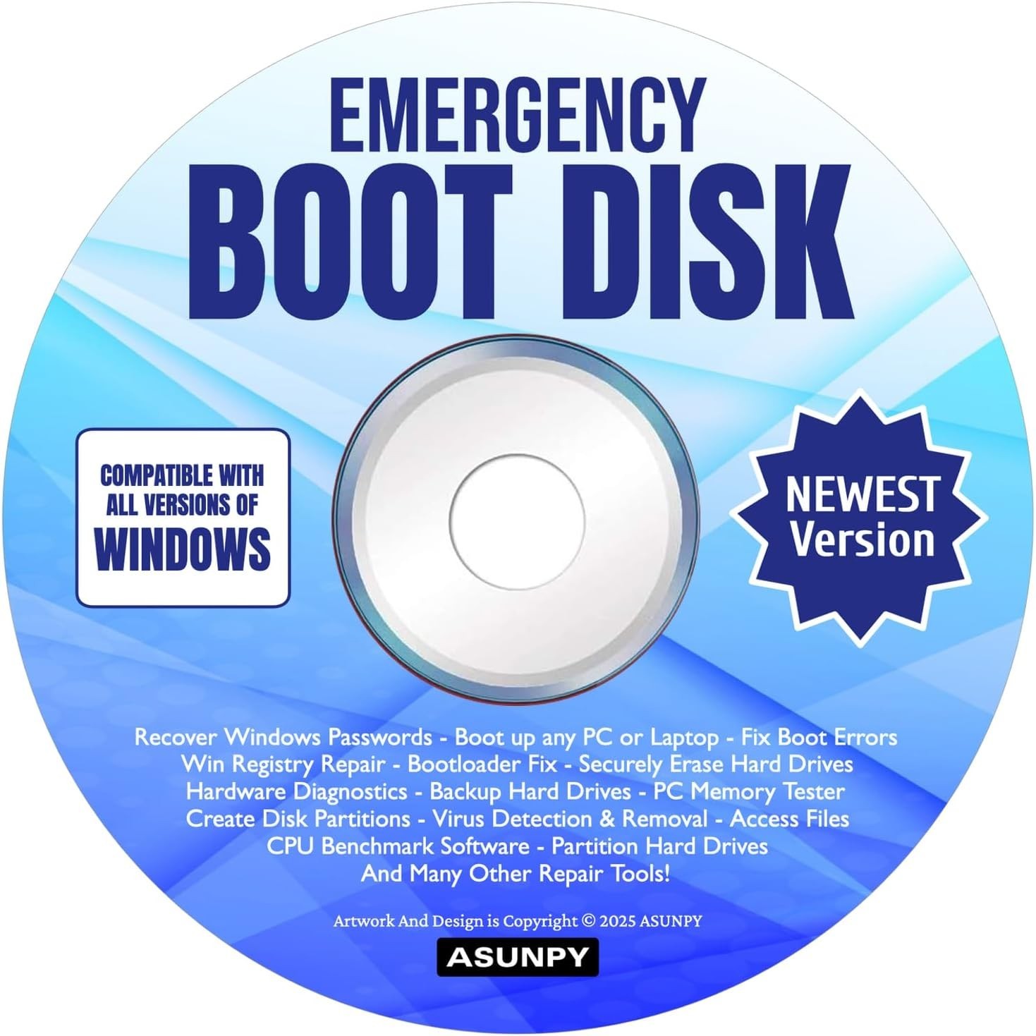 Emergency Boot Disk CD DVD PC Repair Diagnostics Recovery For Windows 11, 10,8,7