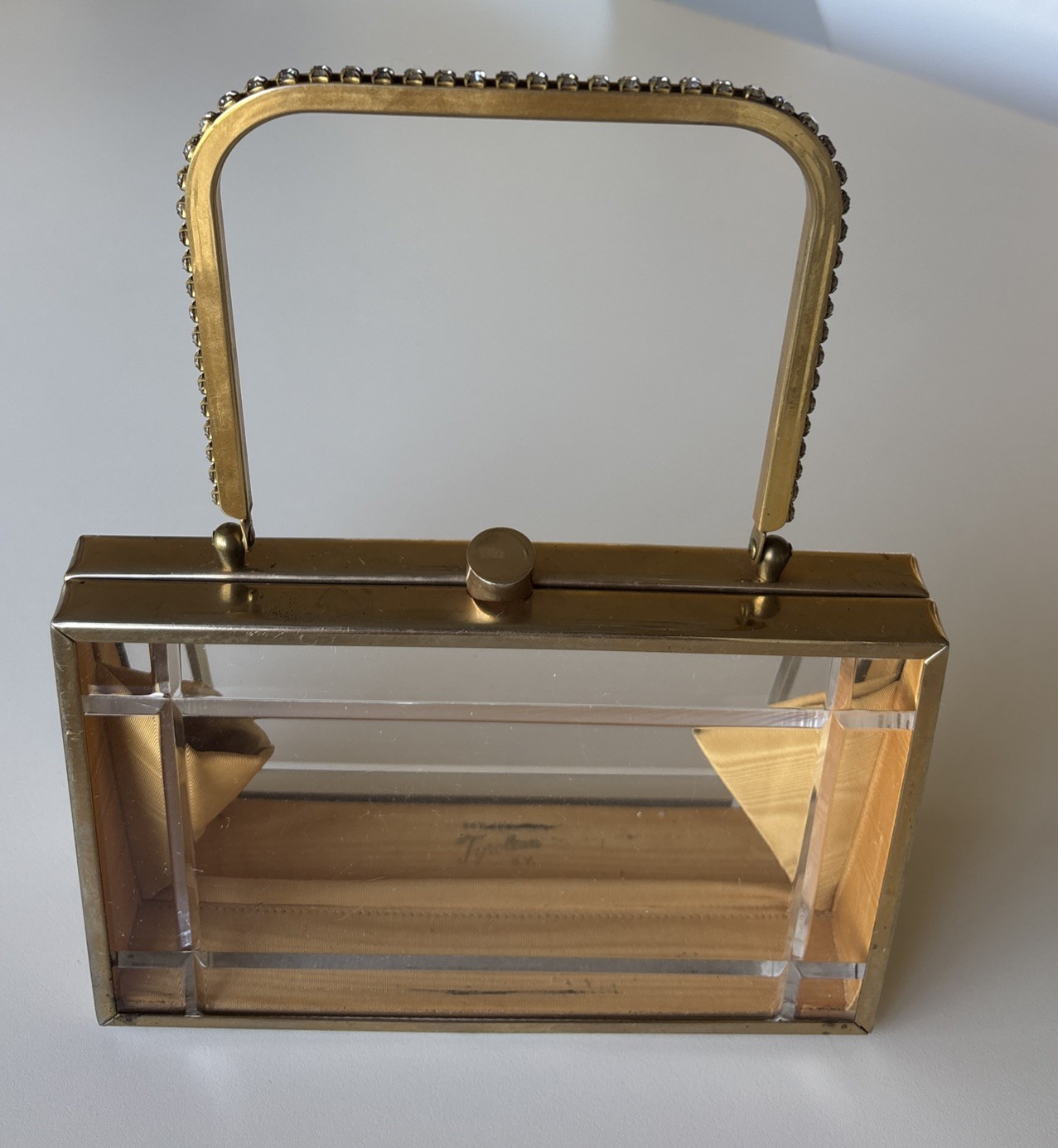 Vintage 1950s Tyrolean NY  lucite and gold metal rhinestones box bag