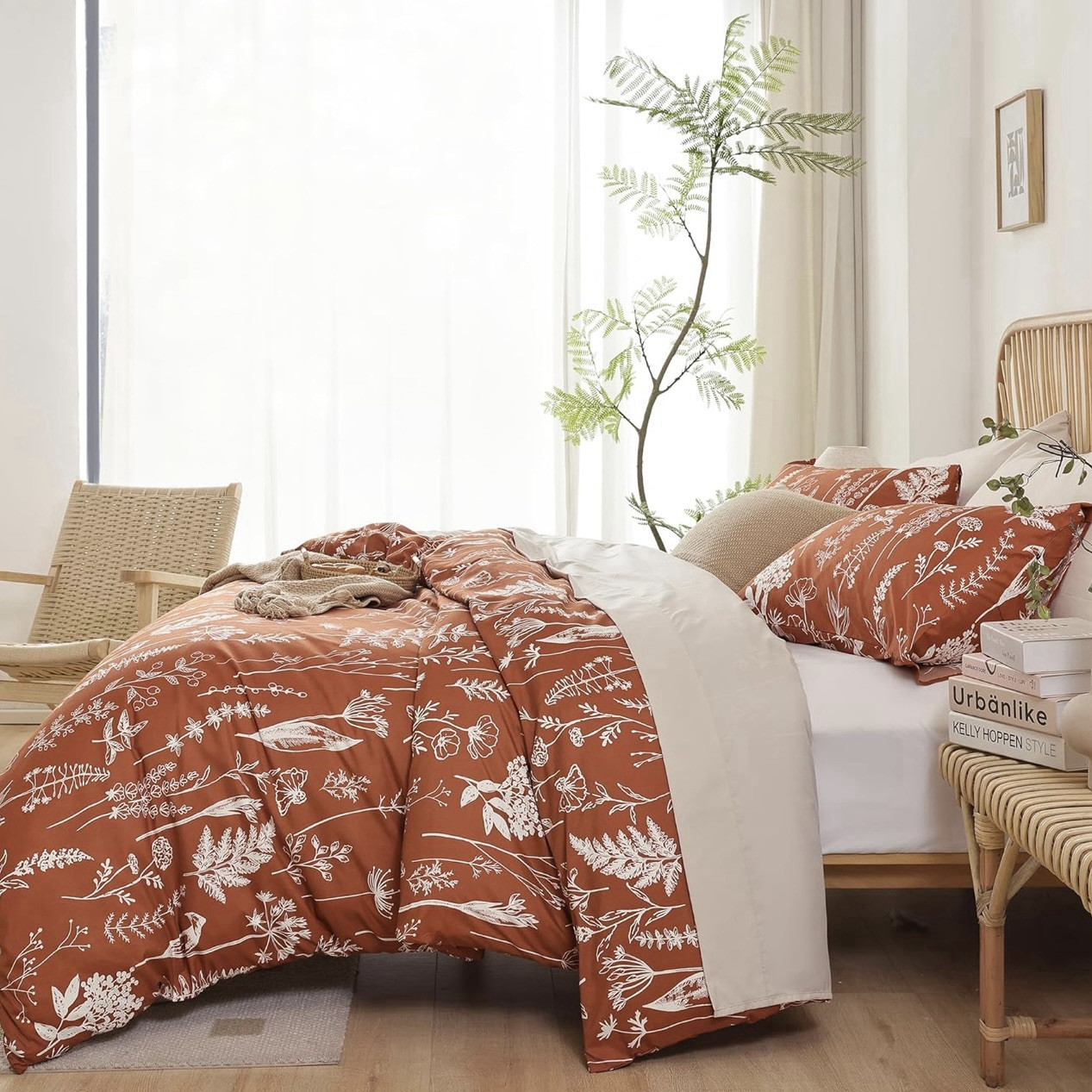 NEW West Elm Red Queen Size Comforter Botanical Print Bedding & Sham Case Set