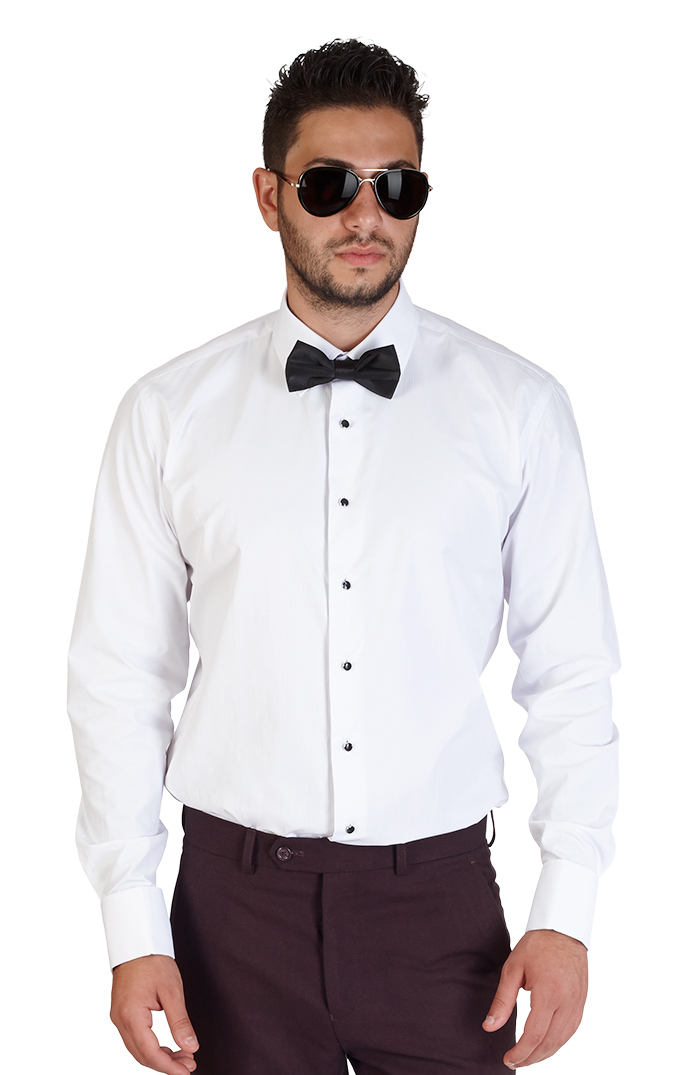 Men No Tag Lay Down White Tuxedo Dress Shirt Slim Fit Bow Cufflinks Studs AZAR