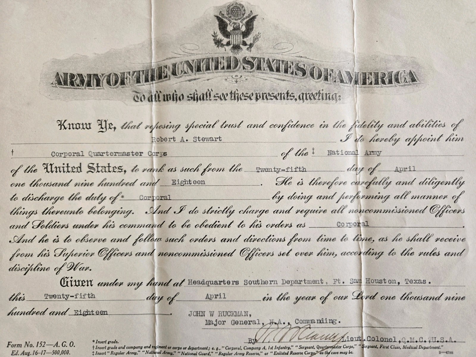 United States Army Appointment to Corporal 1918
