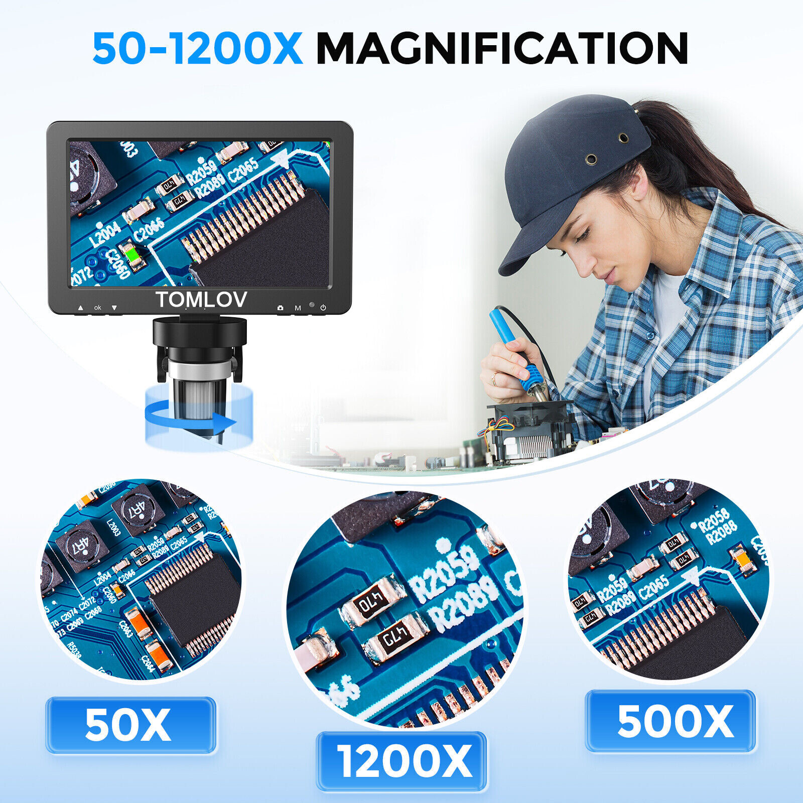 TOMLOV Digital Magnifier 1200X 7'' Coin Microscope camera Soldering Microscope