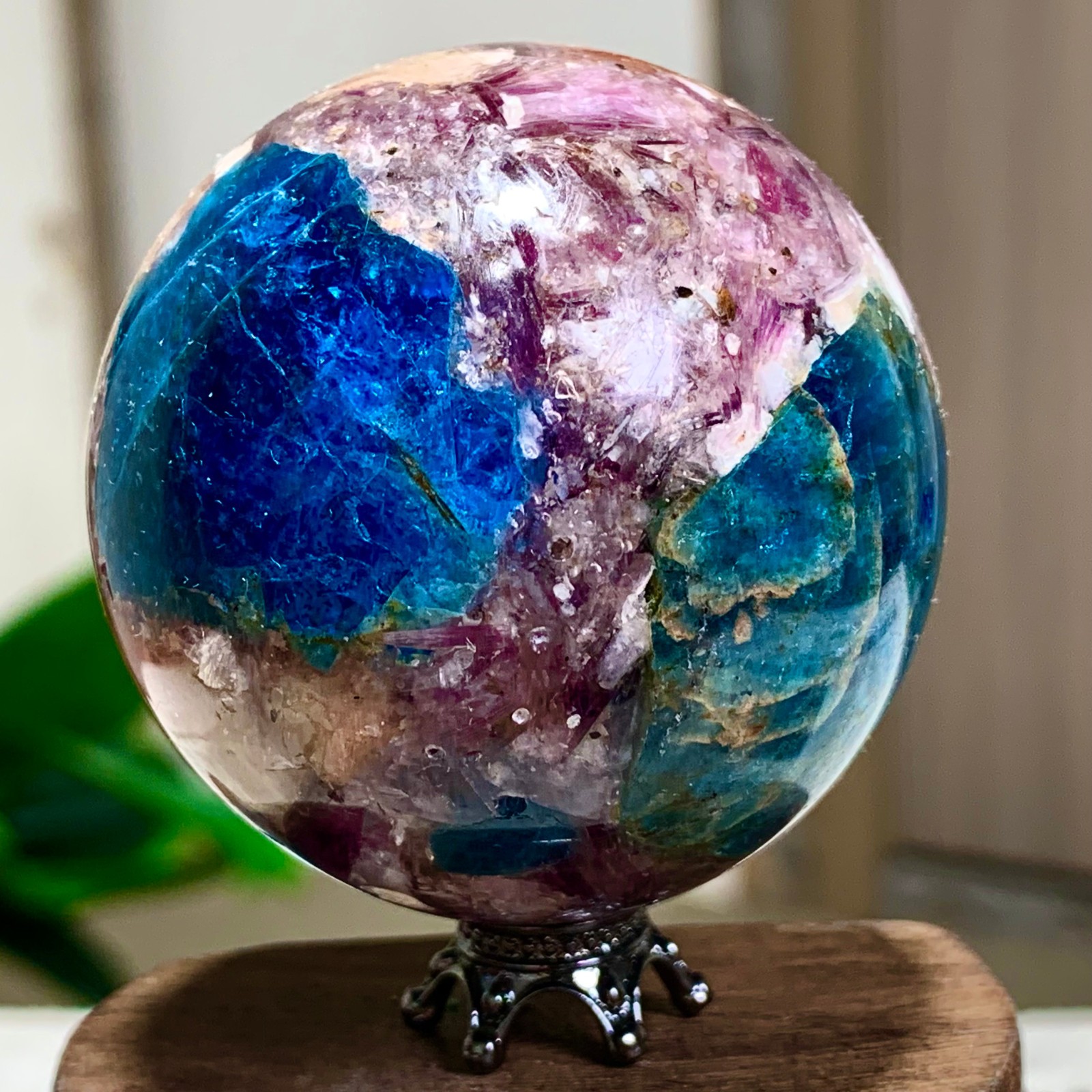 160G Natural Blue Aptite +Sun Stone purple lepidolite Sphere mineral sample