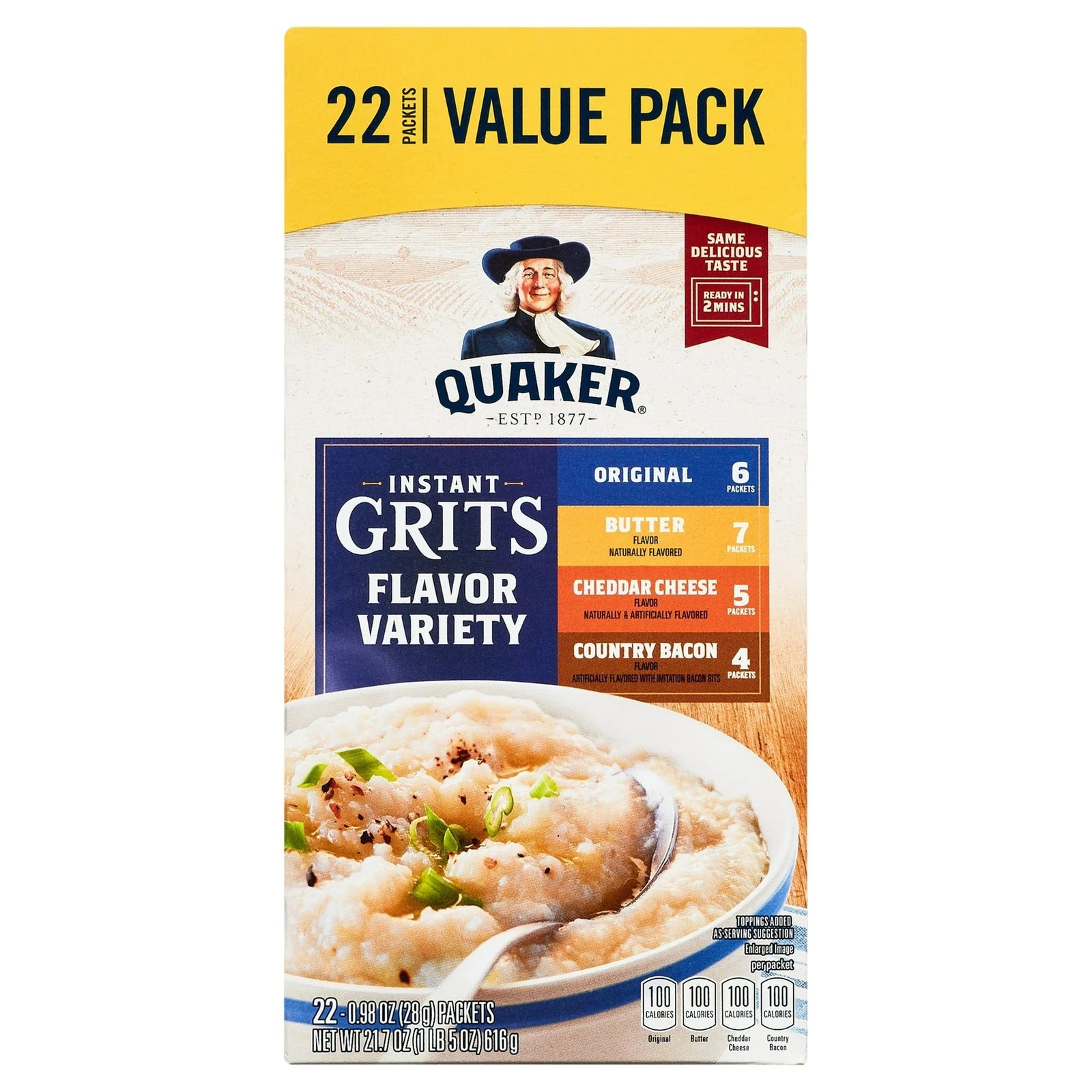 Quaker, Instant Grits Variety Pack, 0.98 oz, 22 Packets Free Shipping