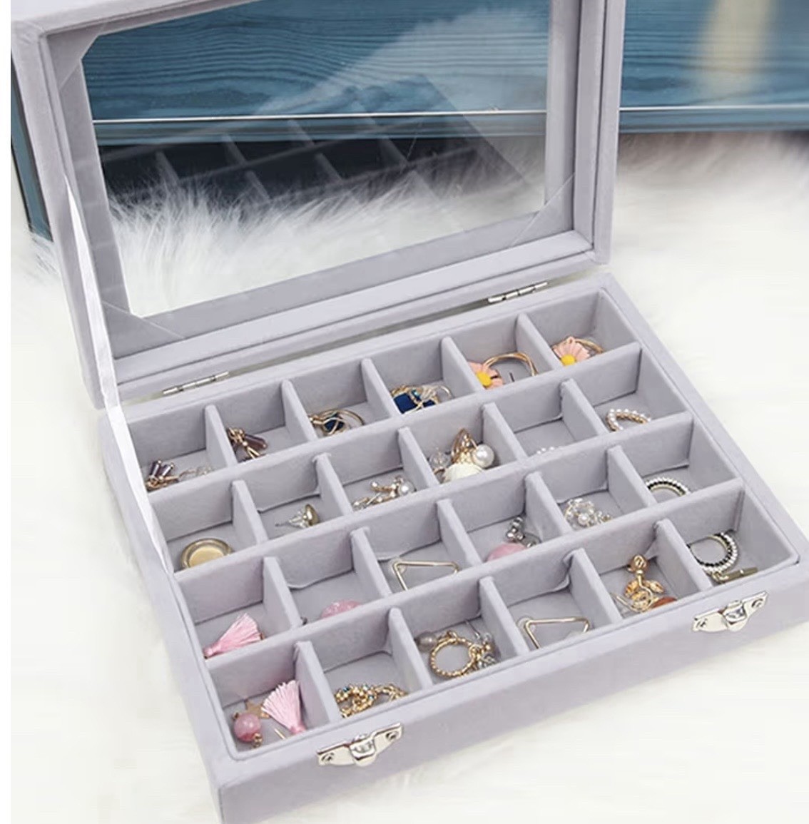 Clear Lid Velvet Jewelry Organizer Box 24 Grid, Jewelry Display Case