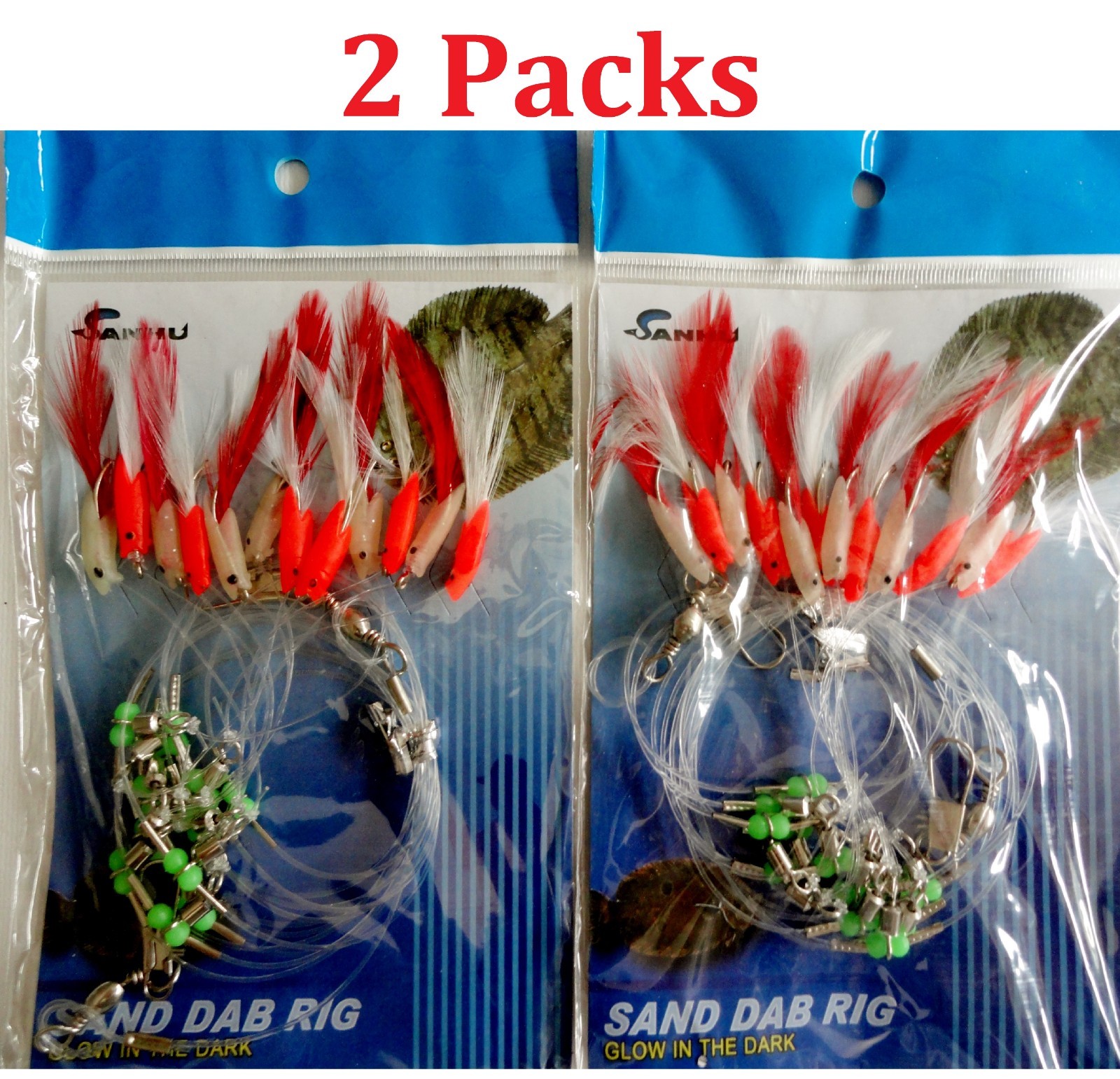 2 Packs Sand Dab Rig 12 Hooks Sabiki Fish Lures Squid W /Red Feathers