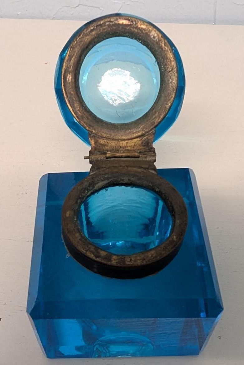 Antique Peacock Blue Glass Ink Well 1880s. Hand cut crystal.