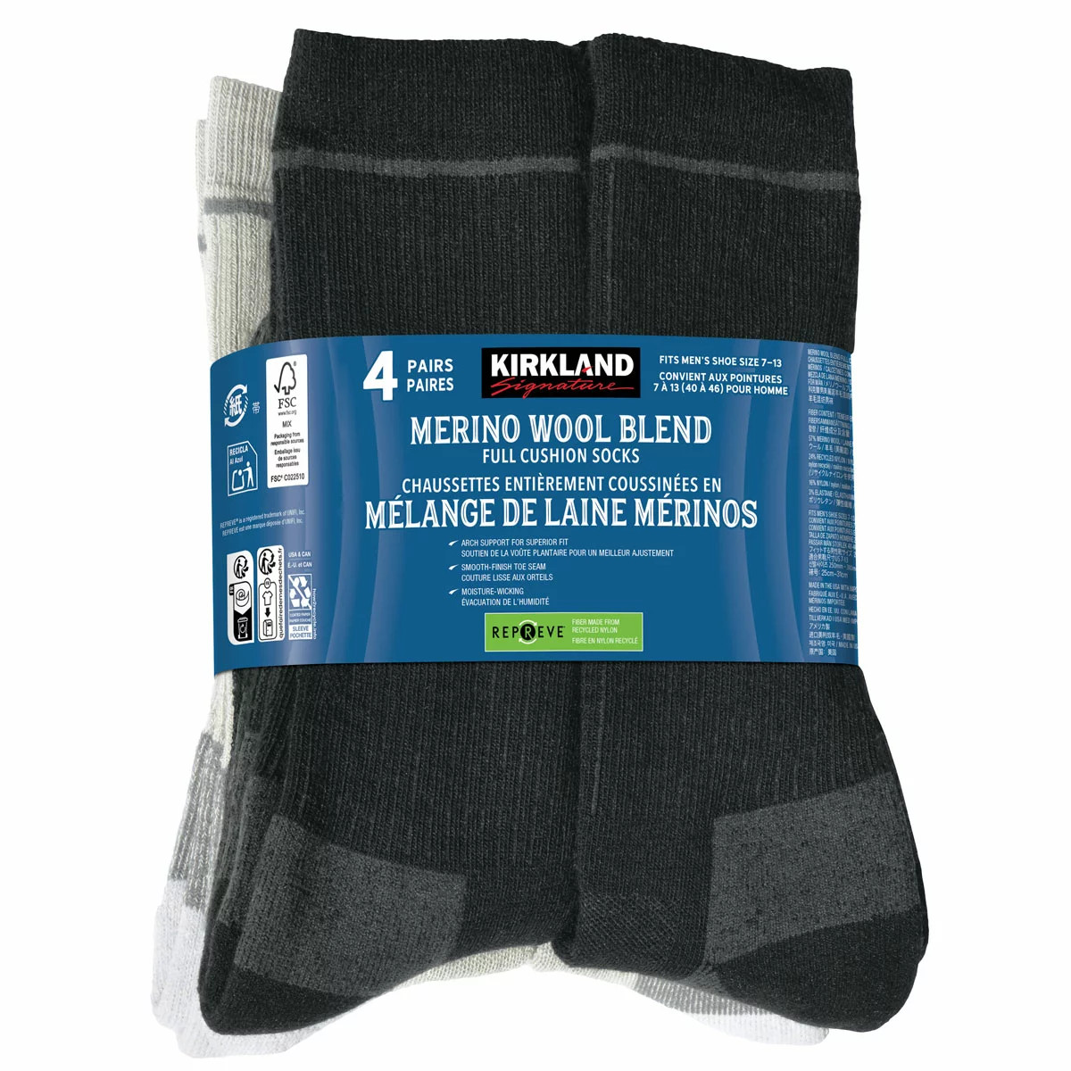 4 PAIRS KIRKLAND SIGNATURE MEN'S MERINO WOOL OUTDOOR SOCKS Size 7-13 W / CUSHION