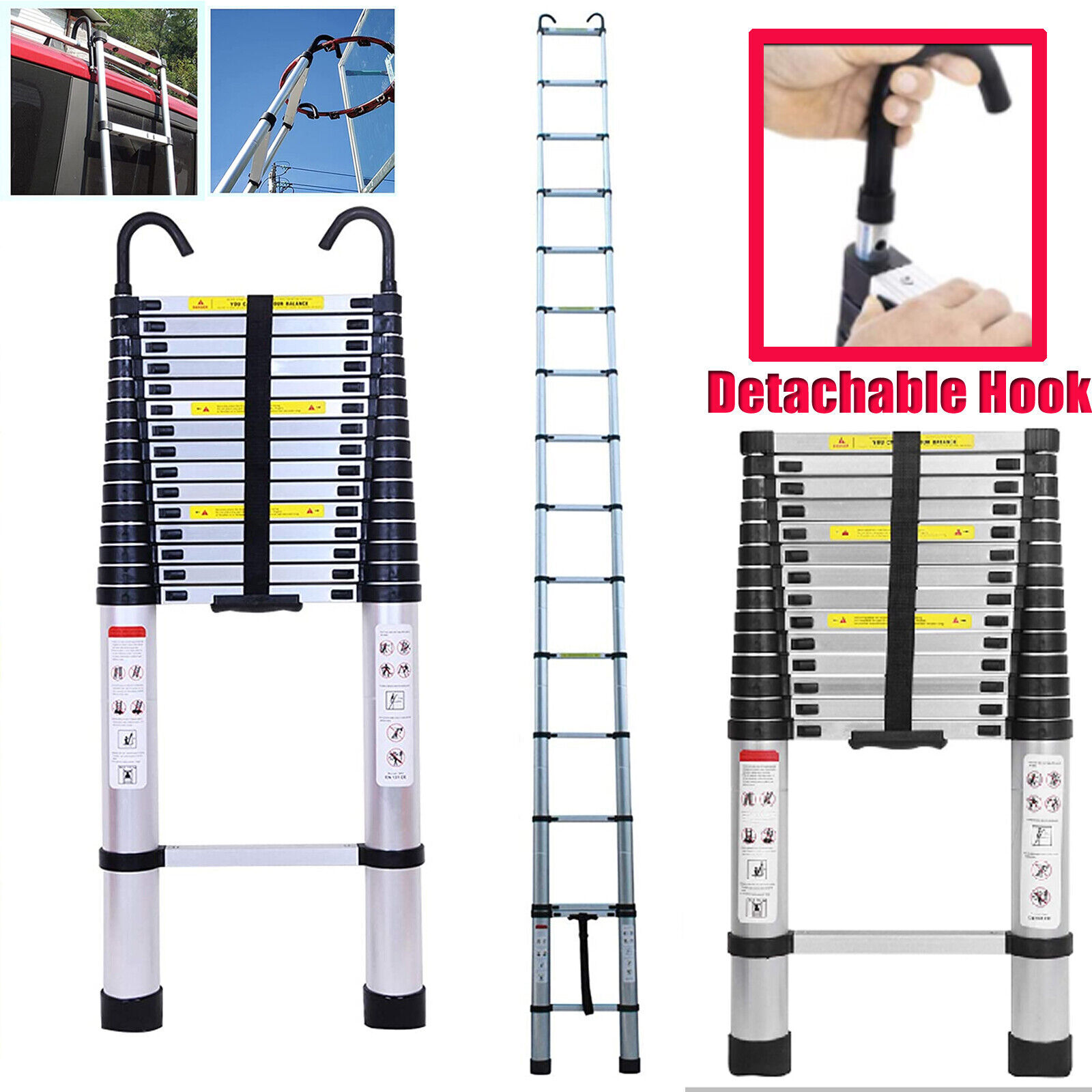 Aluminum Ladder Telescopic Extension Ladder with 2 Safety Detachable Hook 20.3FT
