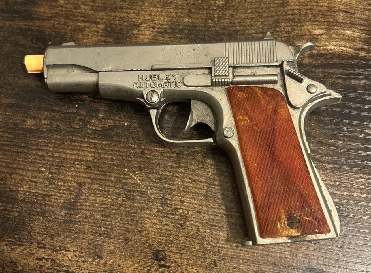 Vintage 1950s Hubley Automatic Colt 1911 6.50" Toy Cap Gun Pistol Fixed Orange