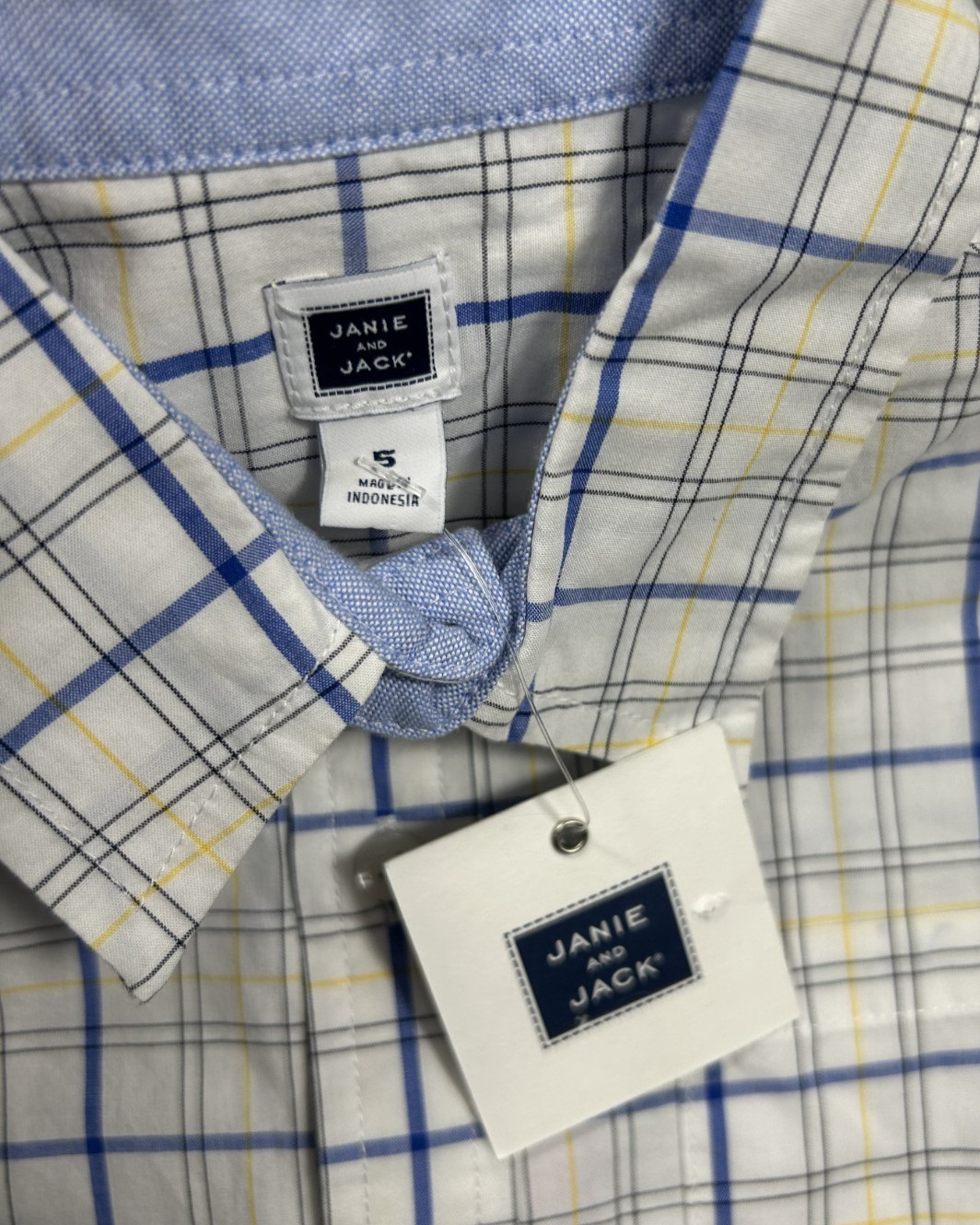 NWT Janie And Jack Button Up Long Sleeve Shirt Boys 5 Plaid Blue White Yellow
