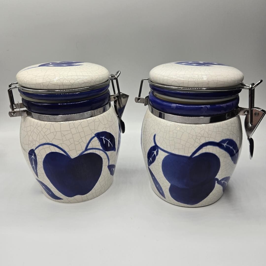 Vintage 80's Delph Blue/White Handpainted Glazed Crackle Canisters w/ Hinged Lid
