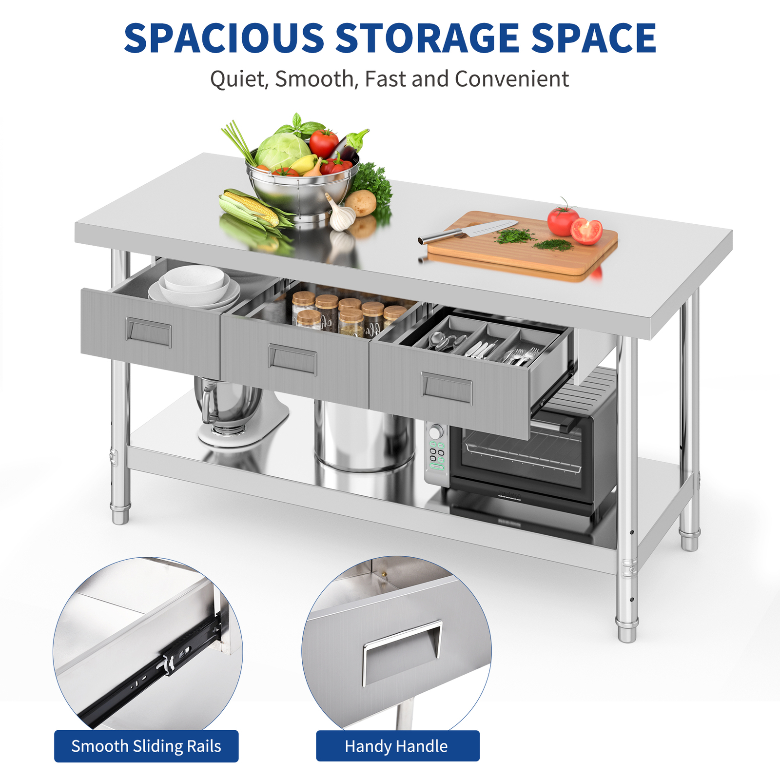 60" X 24" Stainless Steel Table Work Table Metal Table Prep Table with 3 Drawers