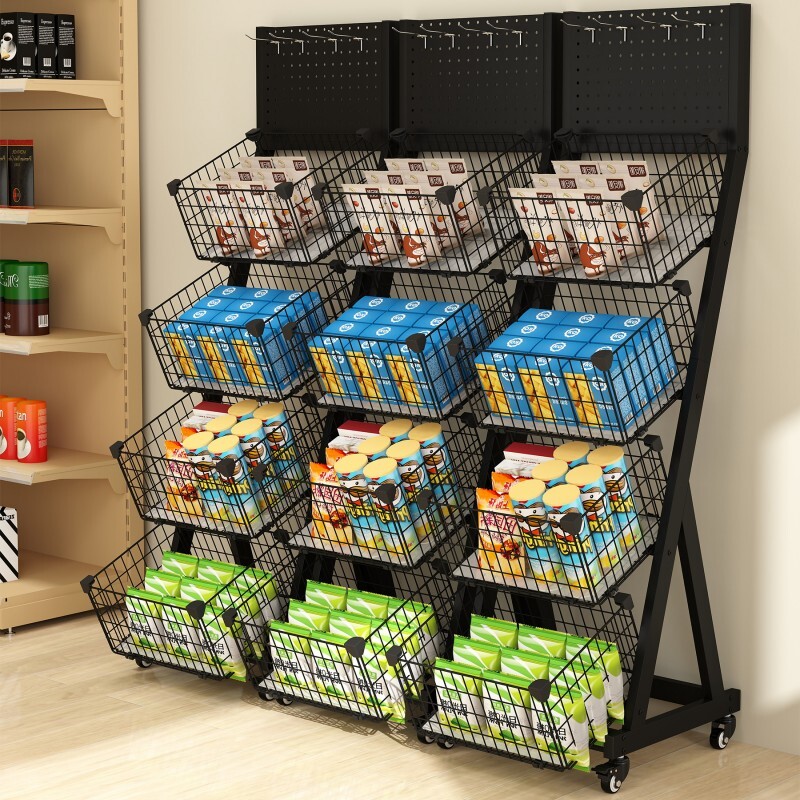 Retail Display Rack Stand 4 Tier Snack Candy Shelf Cart w/Wheels & Display Board
