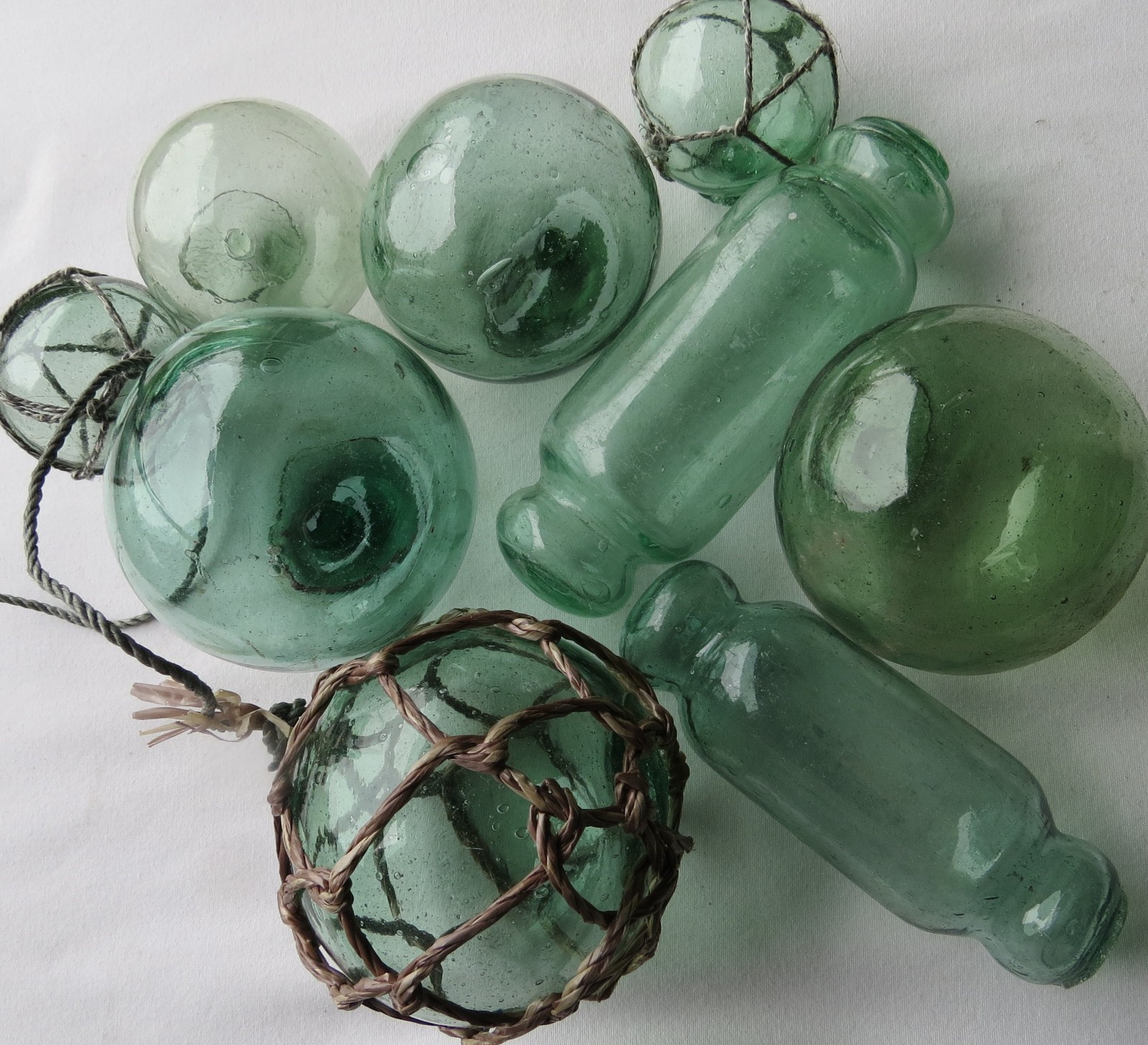Japanese GLASS FLOATS (9) Sea Greens Mixed Sizes, Shape, Fishing Antiques USA BZ