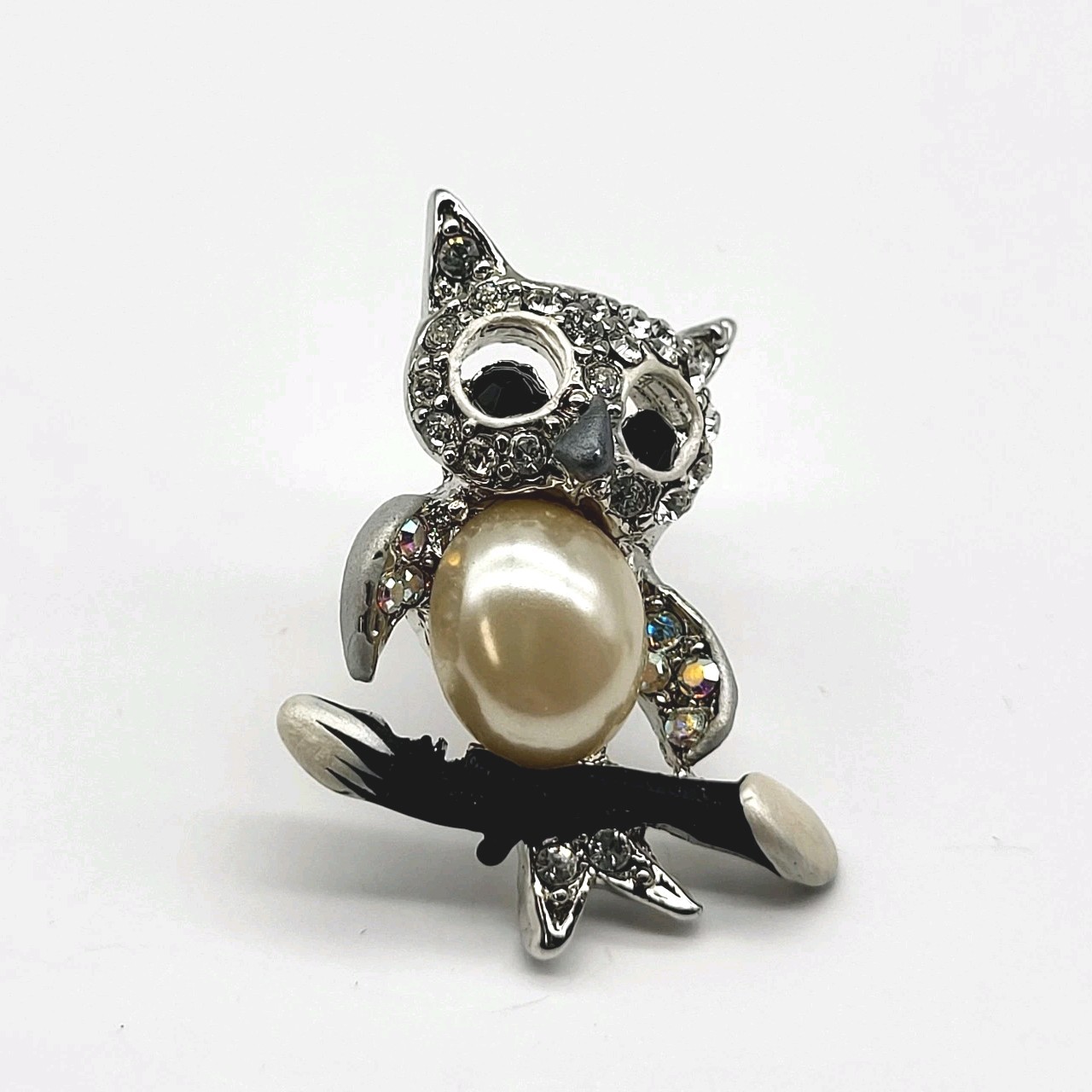 Fun Whimsical Owl Tie Tack lapel pin rhinestone bird Estate Jewelry
