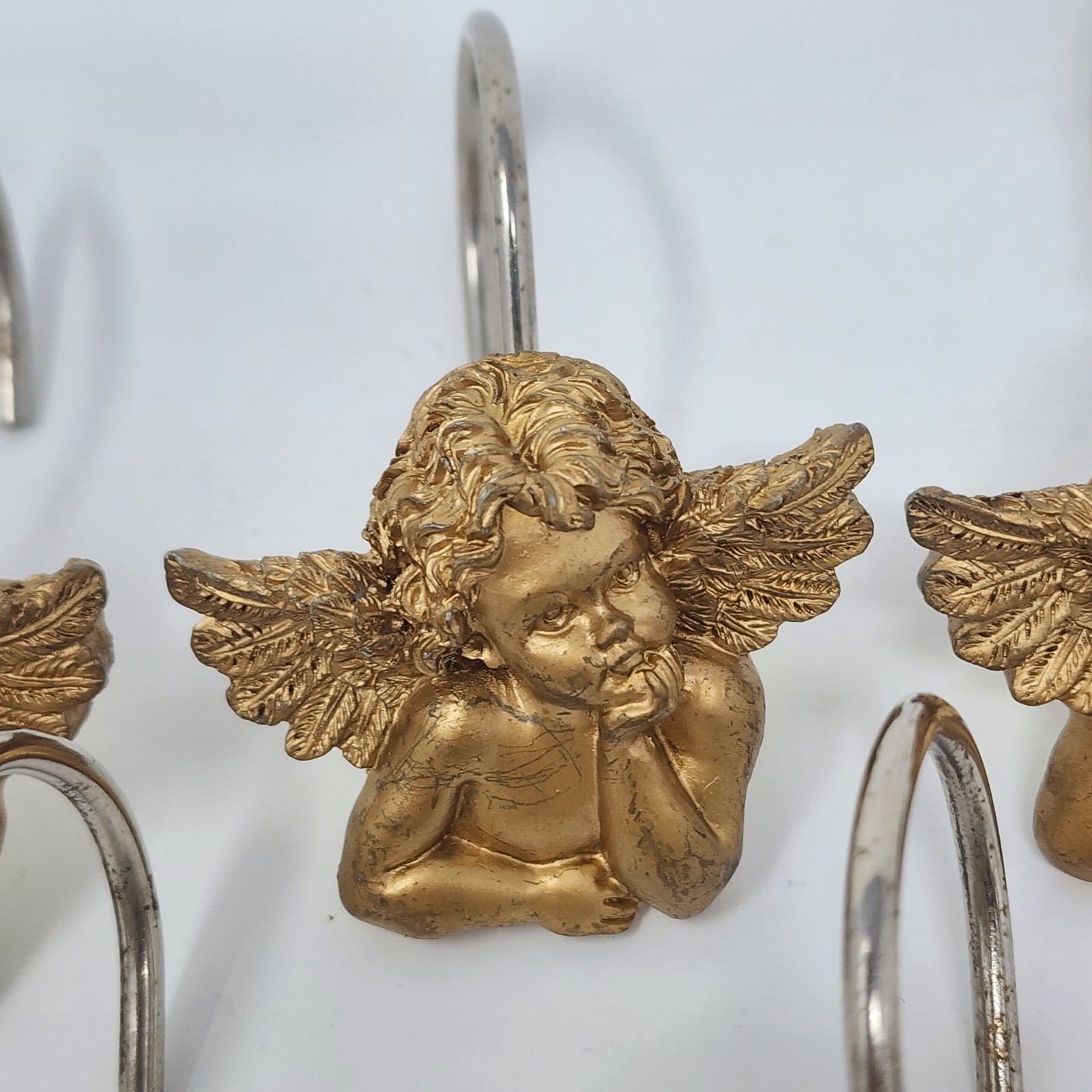 Gold Painted Angel Cherub Shower Curtain Hook Resin Stainless Set of 12