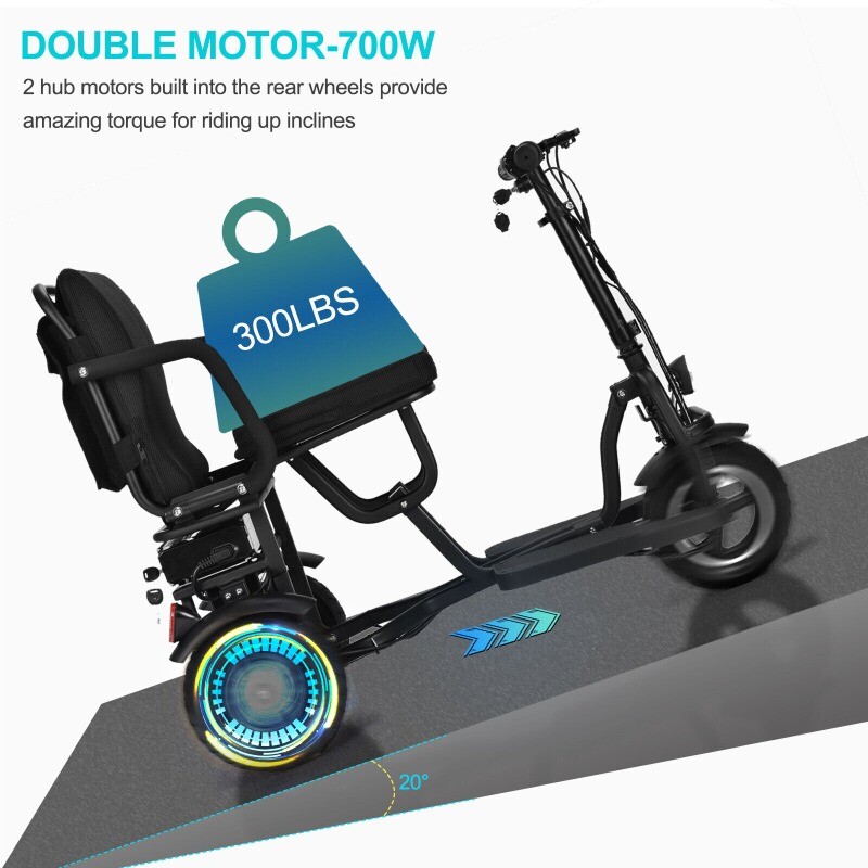 Dual Motor 700W 3-Wheels Folding Senior Electric Mobility Scooter 48V/10Ah 300lb