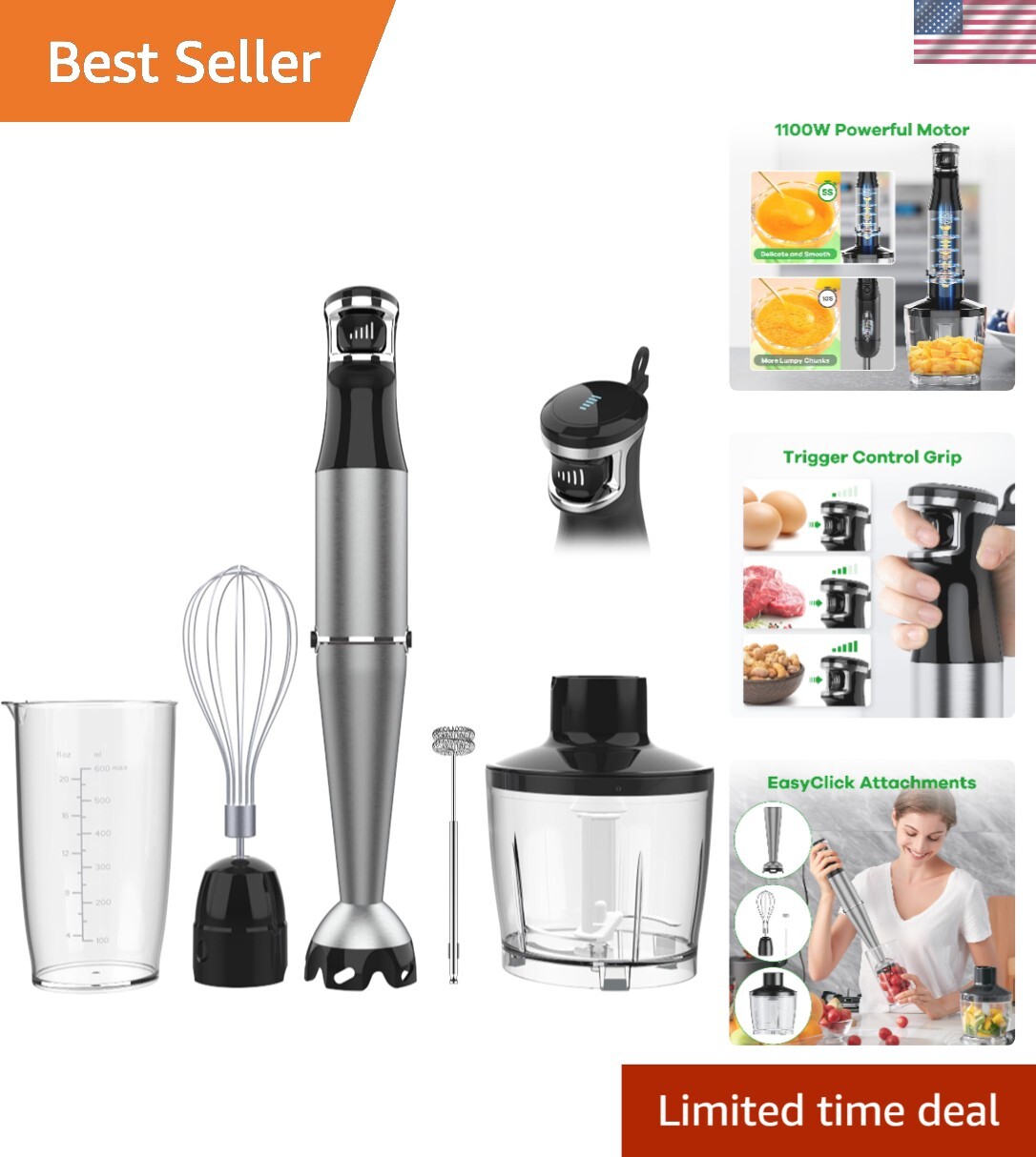 Variable Speed Immersion Blender with Whisk & Frother - Compact Kitchen Tool
