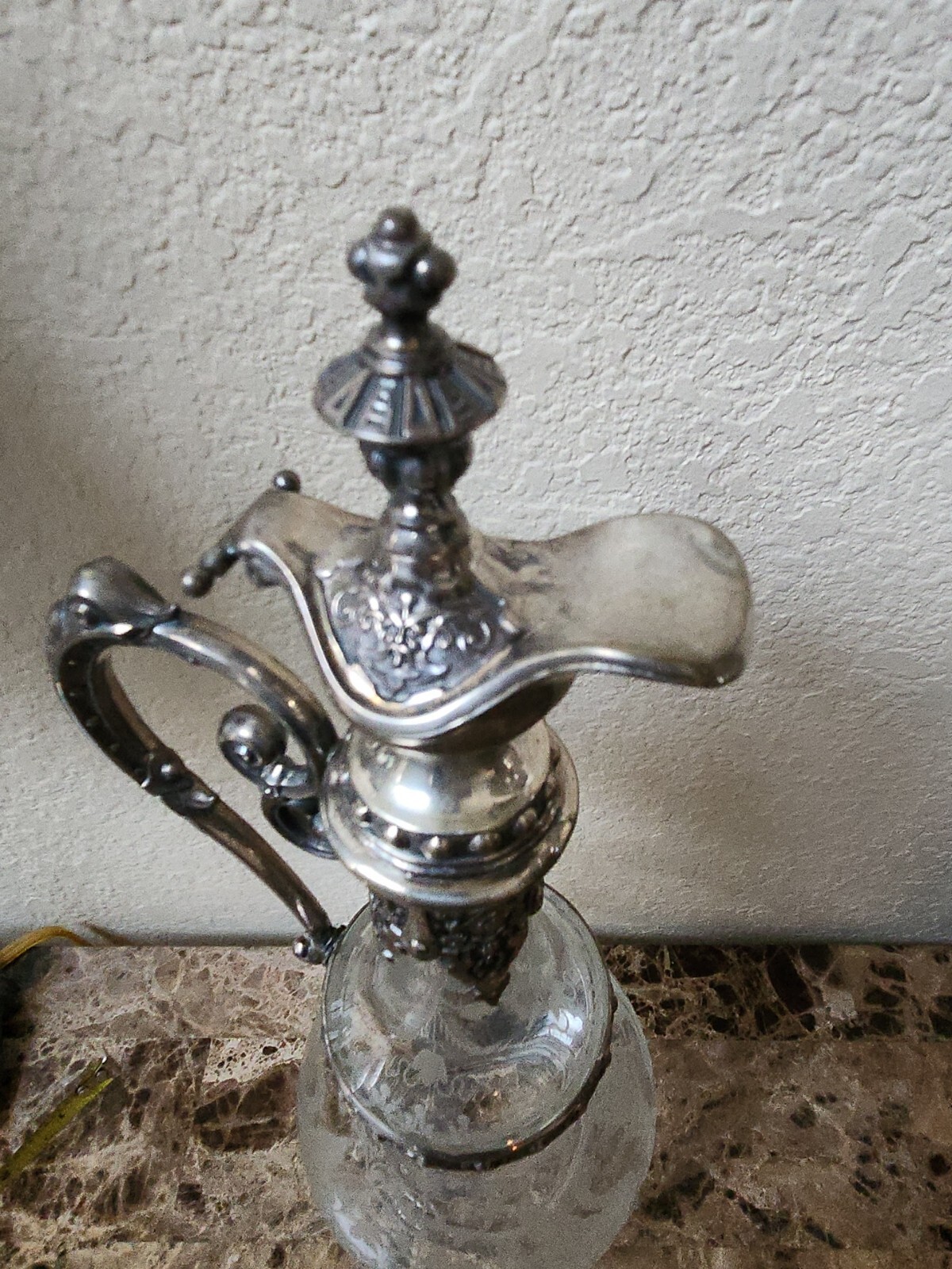 RARE Antique Circa Art Nouveau Silver Plate Etched Glass Claret Jug decanter