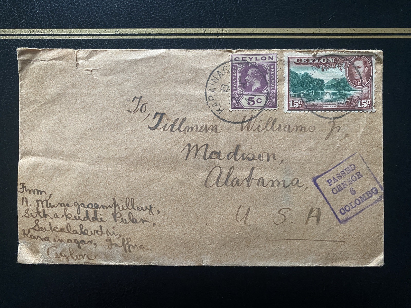 1941 CEYLON WWII Censor Cover to ALABAMA - TIED 5c WAR PURPOSES - KARAINAGAR H/S