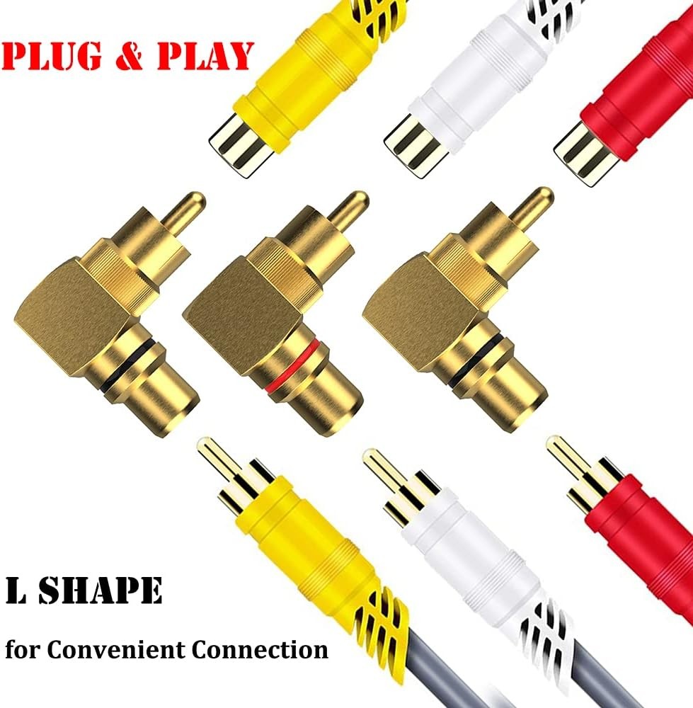 2-Pack RCA Right Angle Adapter 90 Degree Male to 2-PACK, Gold Plated