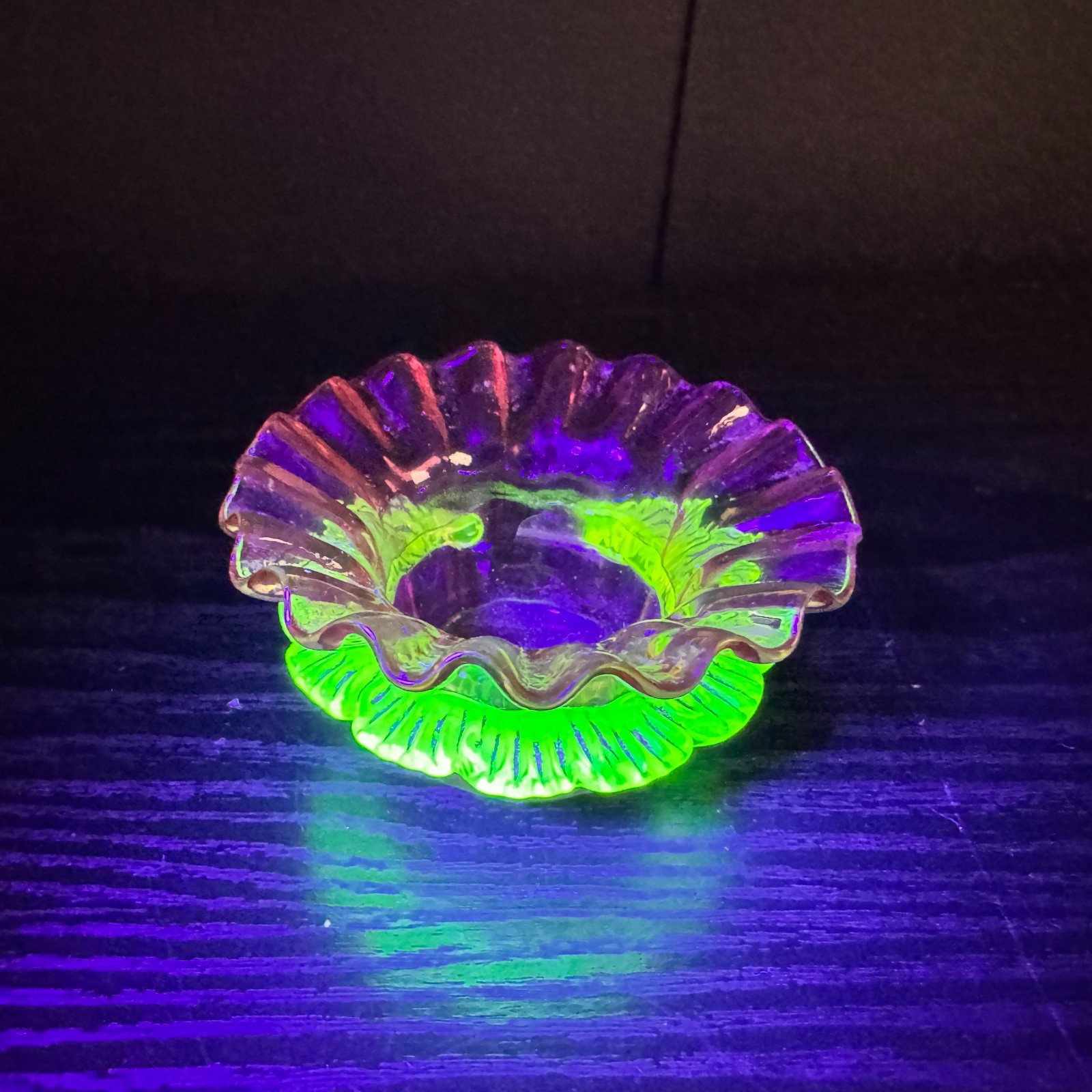 Uranium Glass Cranberry Vaseline Ruffle Open Salt Cellar Antique Victorian Era
