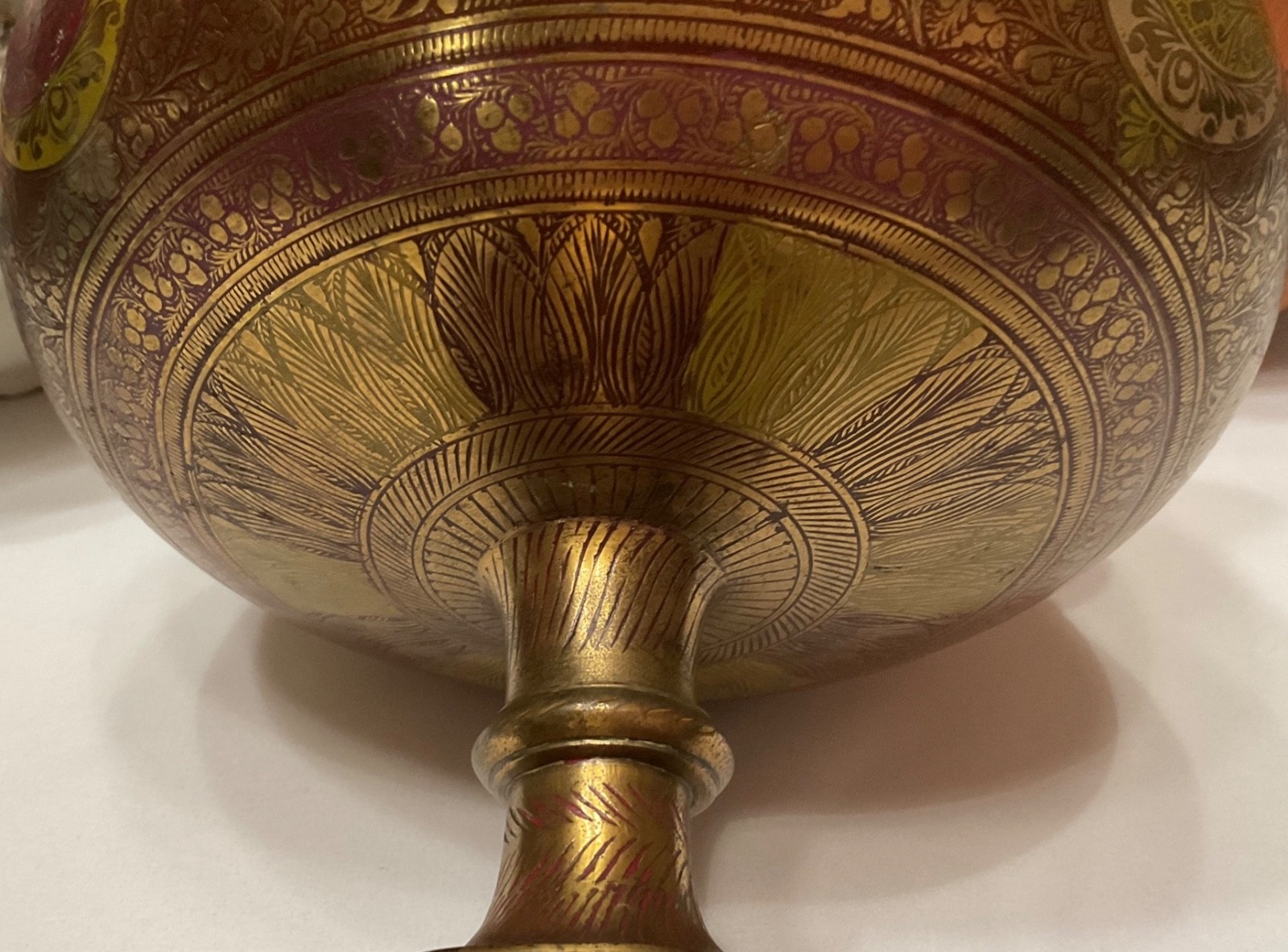 Etched Brass Pedestal Bowl Urn Peacock Floral Motif 7.3lb Ornate Centerpiece