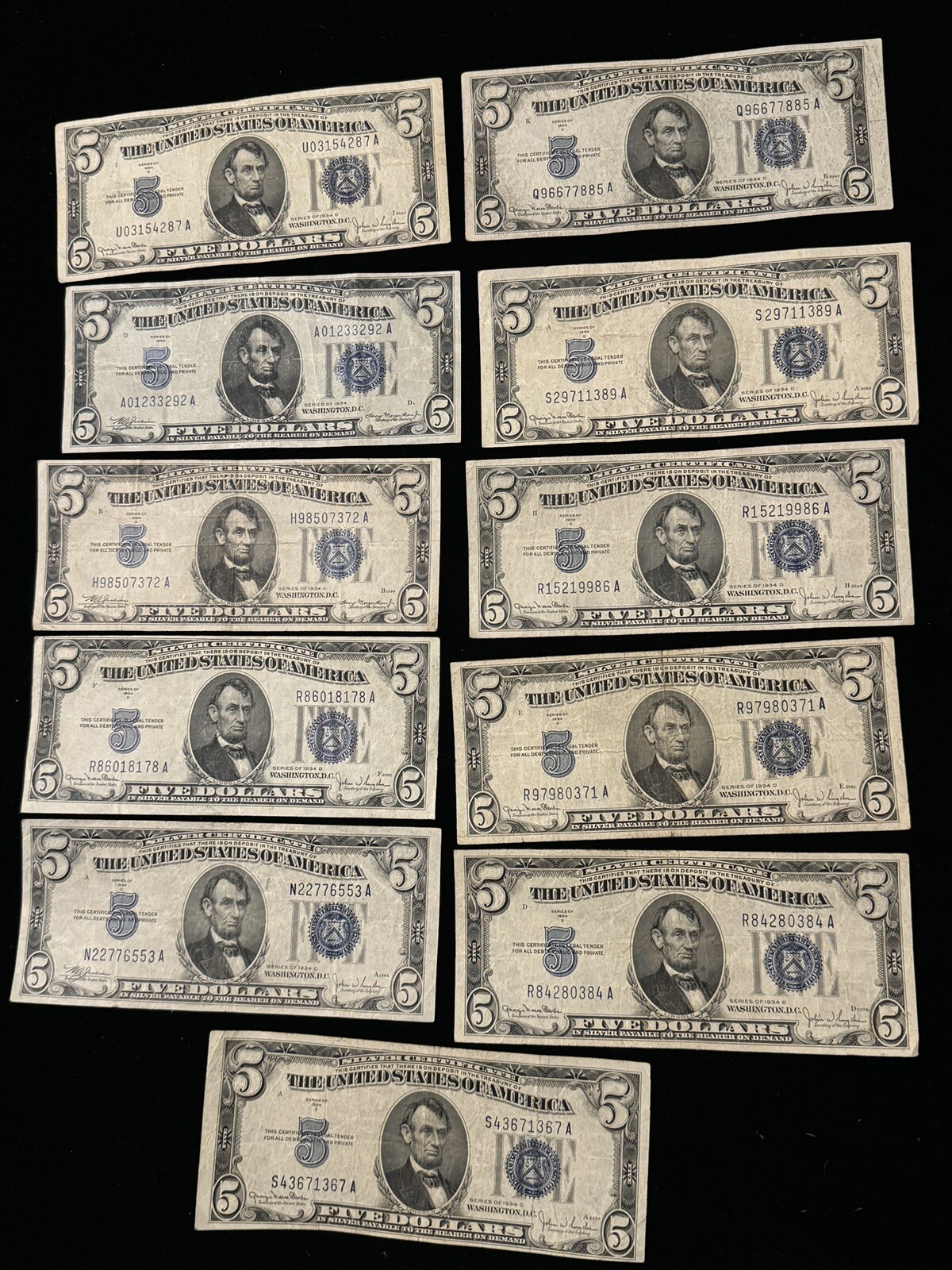 ✯ Problem Free RARE 1934 Blue Seal $5 Silver Certificate FIVE Dollar Bill Lot ✯