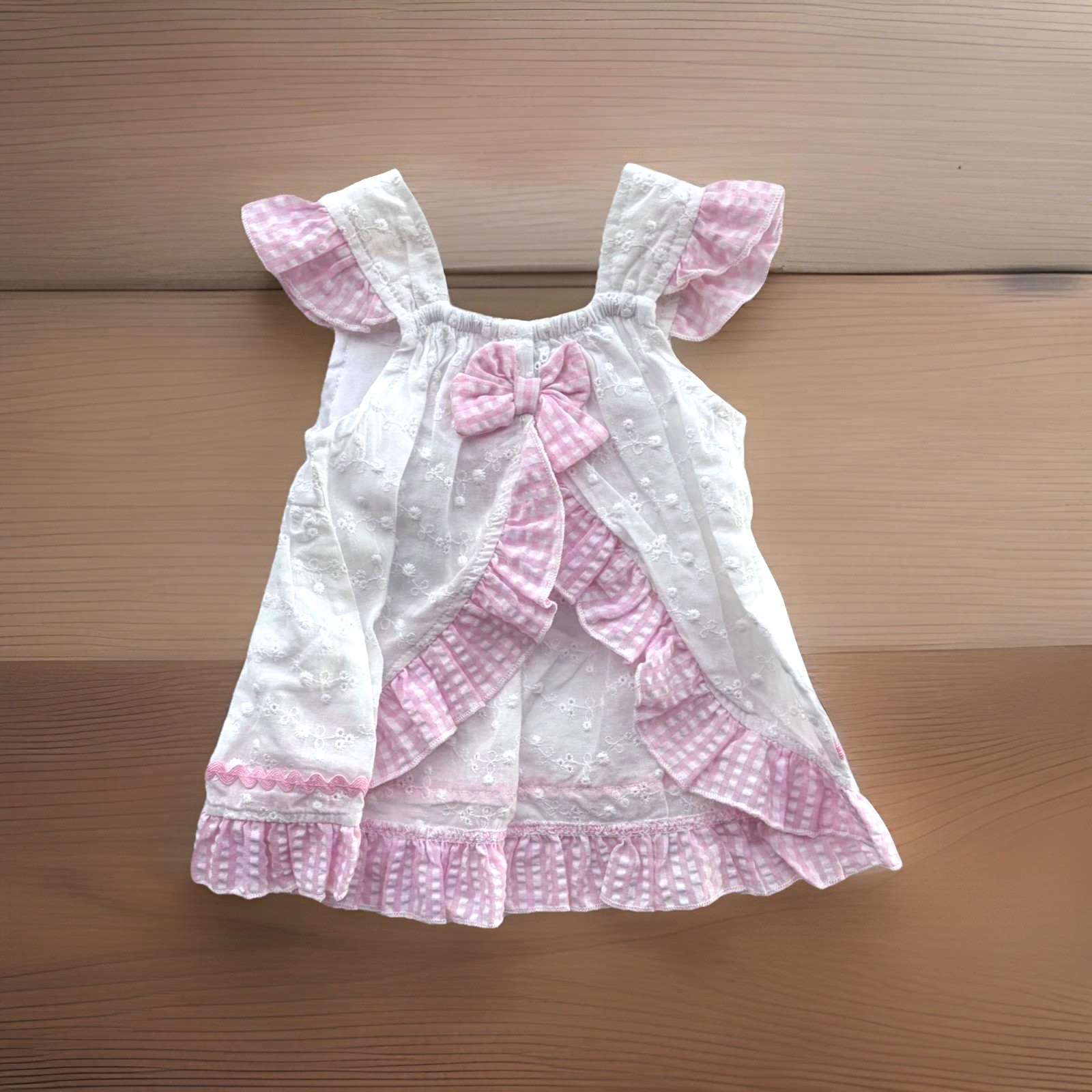 New Baby Essentials Baby Girls Pinafore Dress White Eyelet/Pink Seersucker Sz 6M