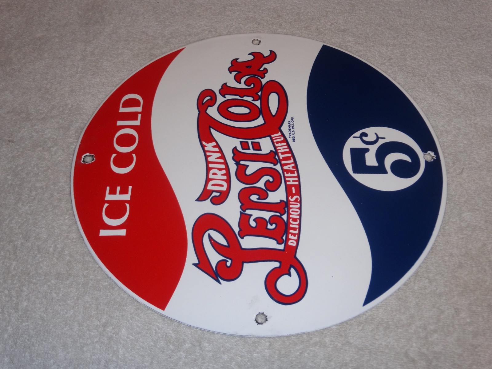 VINTAGE DRINK PEPSI COLA 5 CENTS! 11 3/4" PORCELAIN METAL SODA GASOLINE OIL SIGN