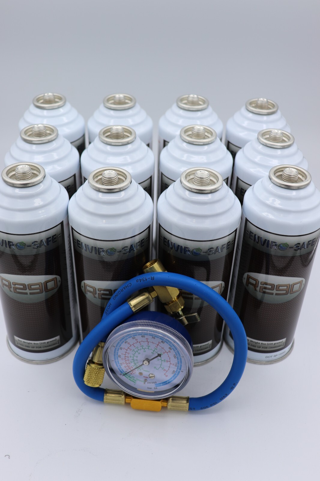 R290, R-290, 290 Refrigerant case of 12 8 oz. cans with Gauge, Envirosafe