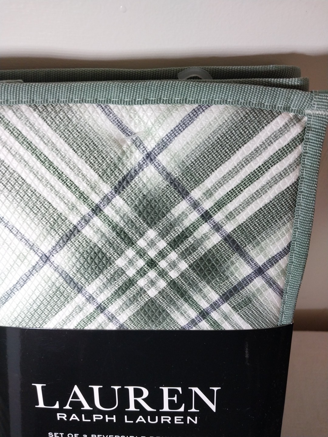 Lauren Ralph Lauren 2 Green White Plaid Reversible Dish Drying Mats 16"x22"
