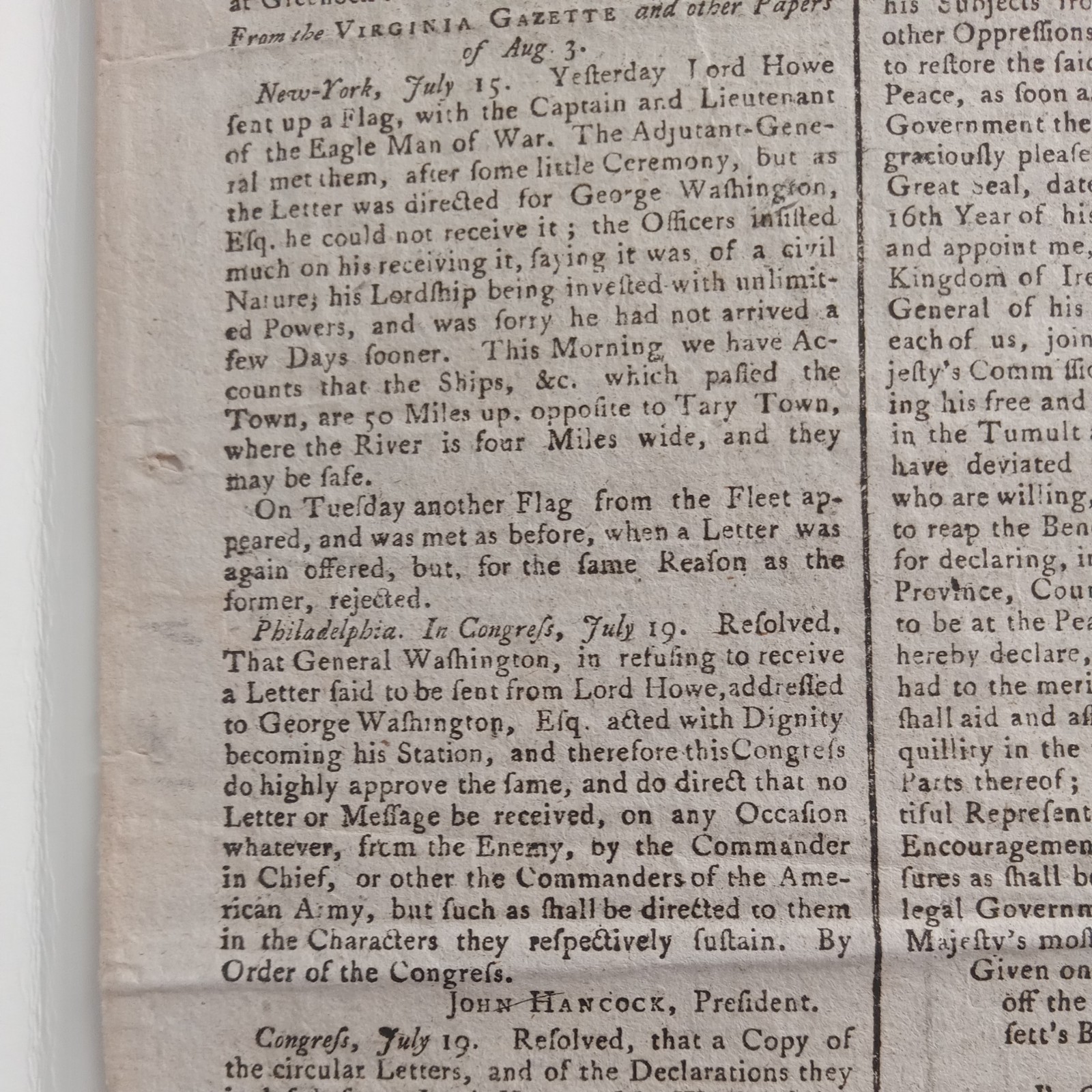 "DECLARATION OF INDEPENDENCE" Front Page Mentions - 1776 British Newspaper