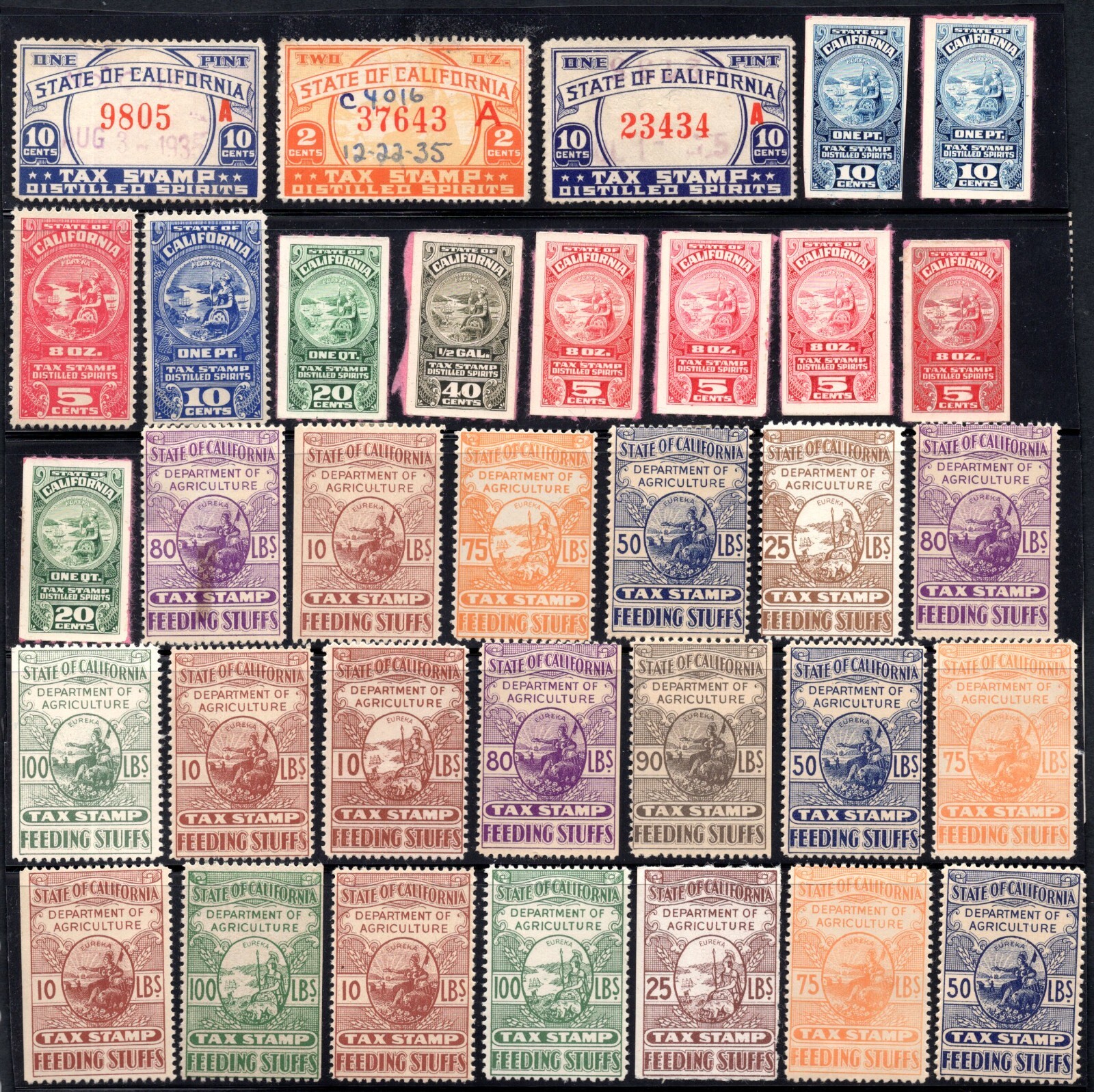 US 1900-1930 COLLECTION OF 87 CALIFORNIA DEPT. OF AGRICULTURE REVENUE TAX STAMPS