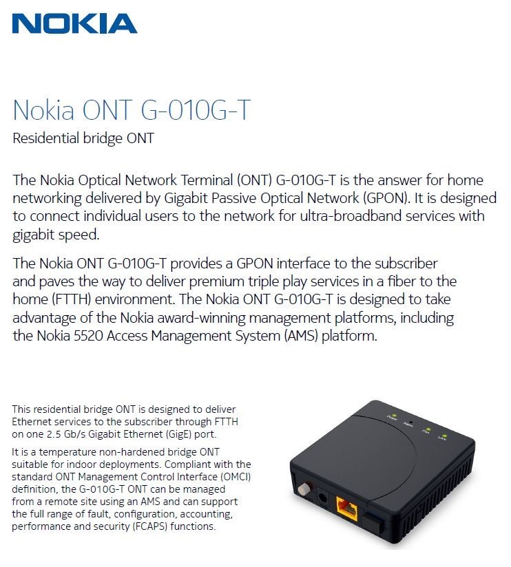 Nokia New G-010G-T GPON Indoor ONT, 1x 2.5GigE, US power plug