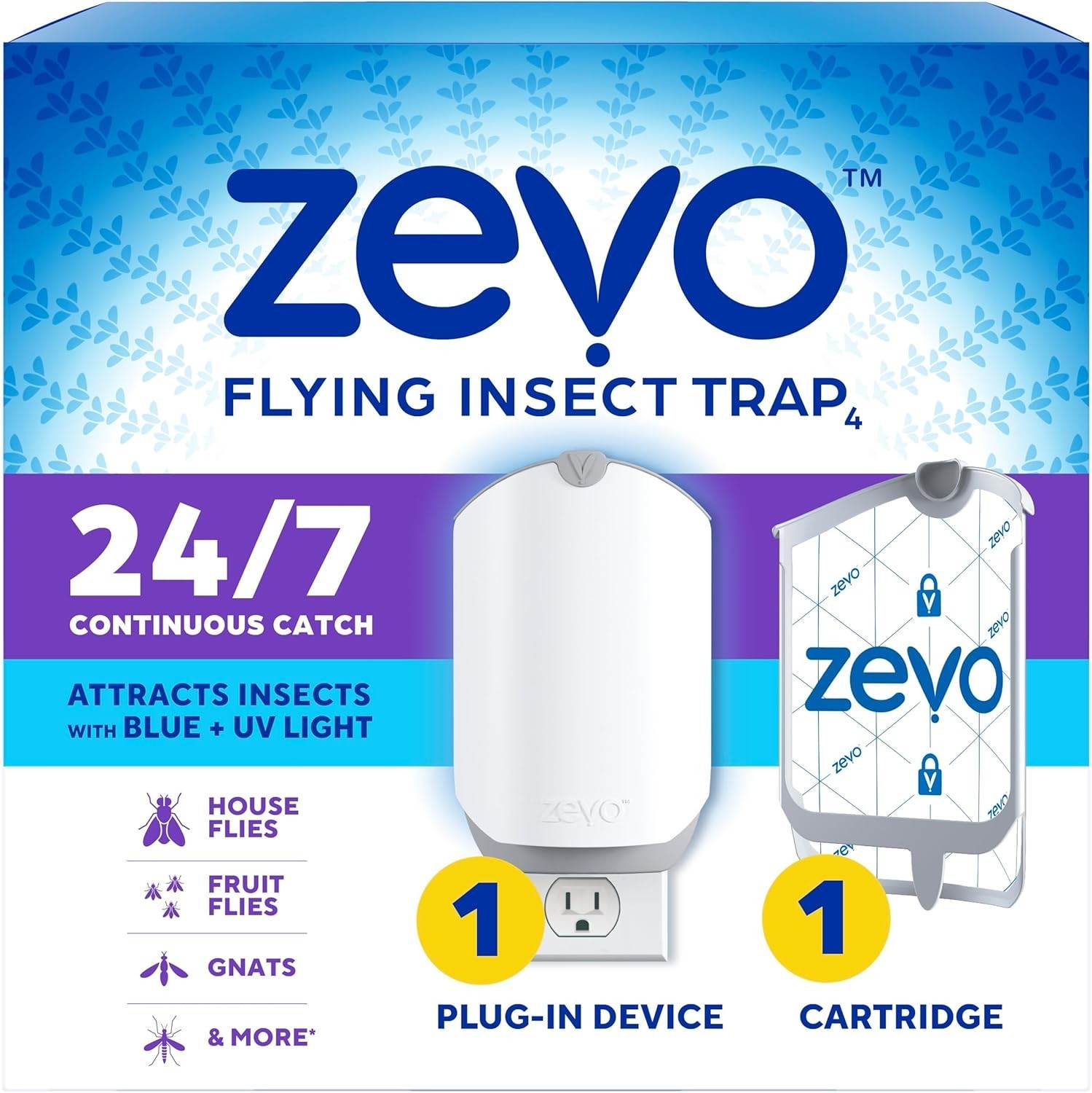 Zevo Flying Insect Trap (1 Plug in Device & 1 Cartridge) Featuring Blue UV Light