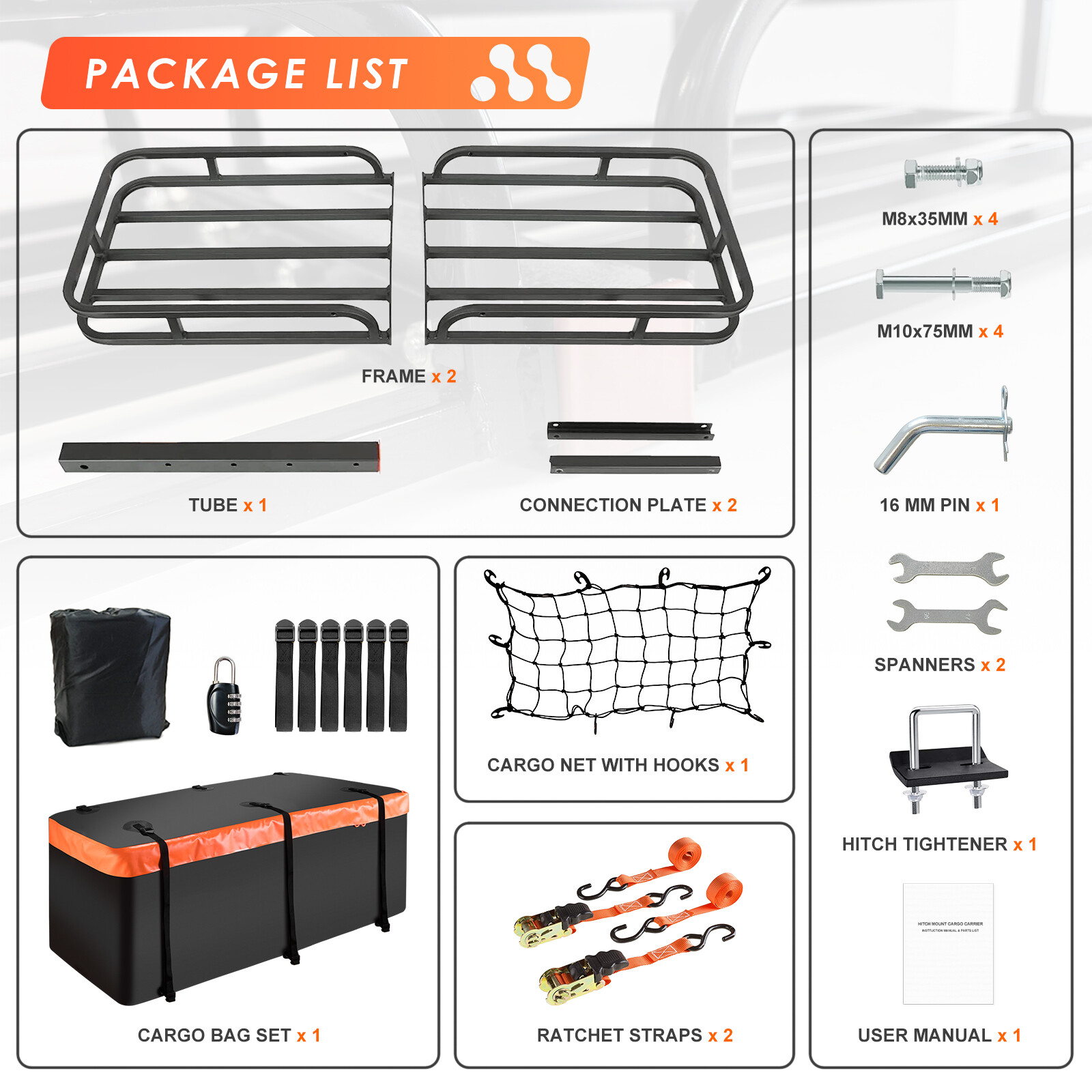 MeeFar Hitch Mount Cargo Carrier 53"x19"x5.5" Tail Basket & Waterproof Bag Combo