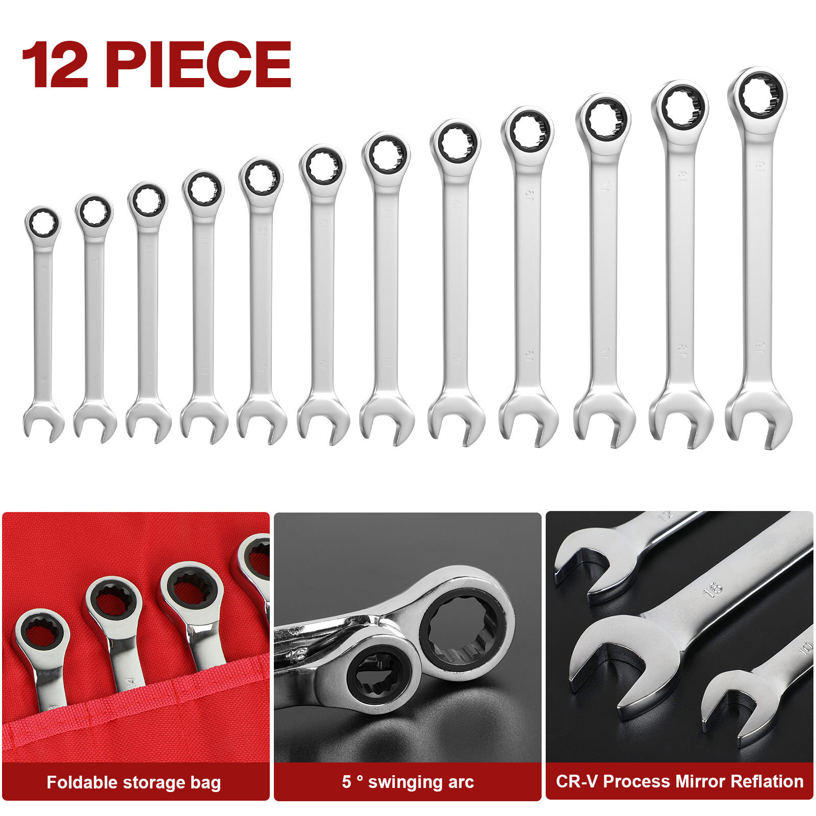 12Pc 8-19mm Metric Fixed Head Ratcheting Wrench Combination Spanner Tool Set
