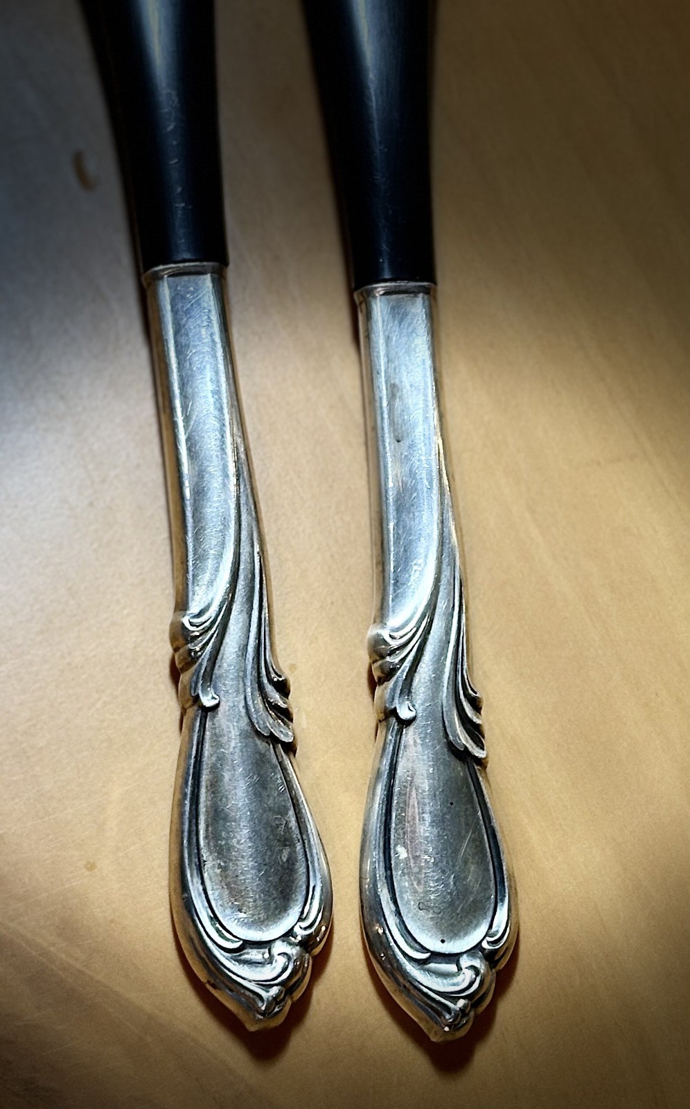 Vtg Intern’l Sterling Silver-Handled Rhapsody Black Plastic Salad Serving Set