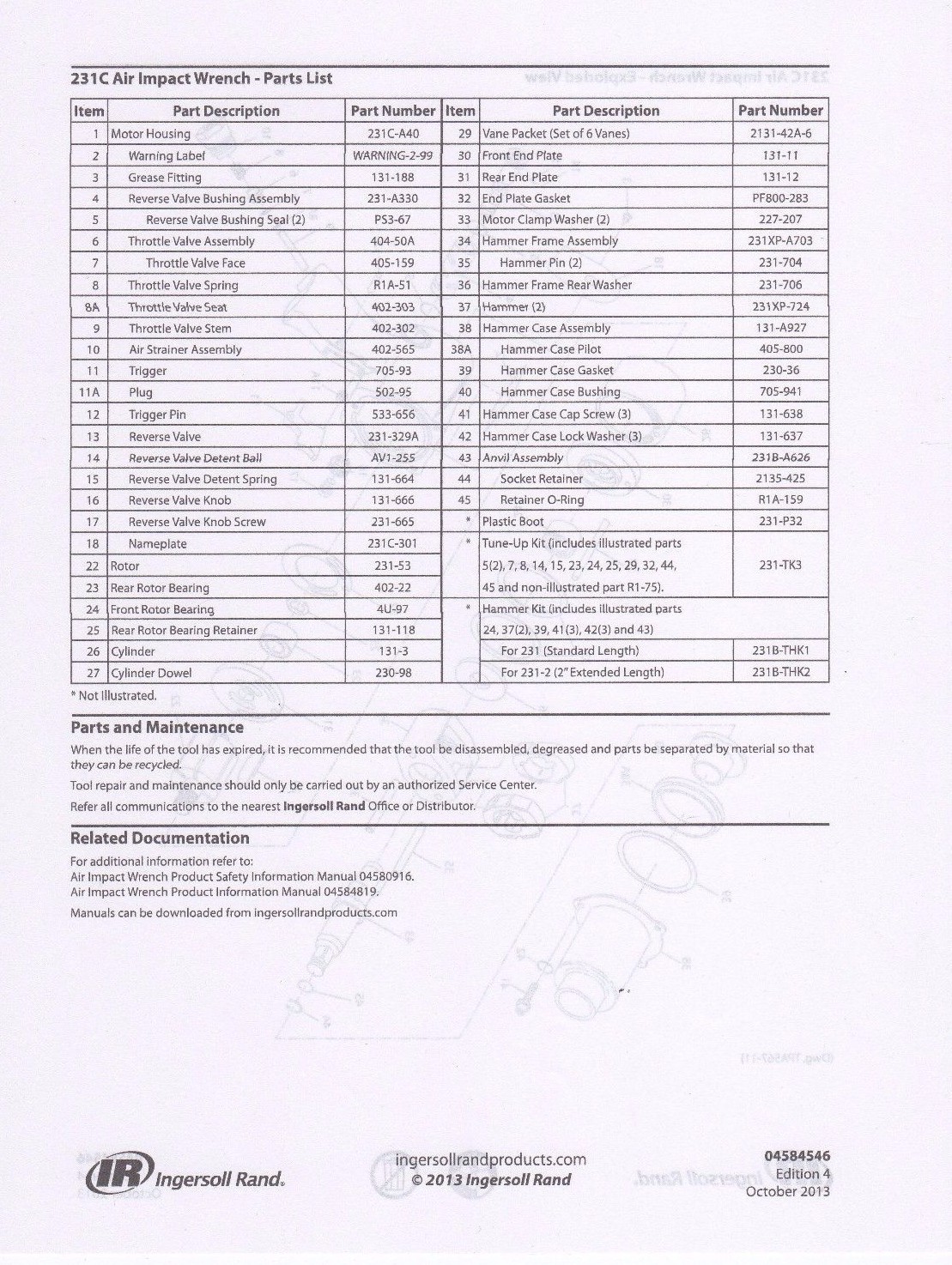 IR 231-TK3 TUNE UP KIT - IR 231 / IR 231C 1/2” IMPACT REPAIR PARTS 232THUNDERGUN