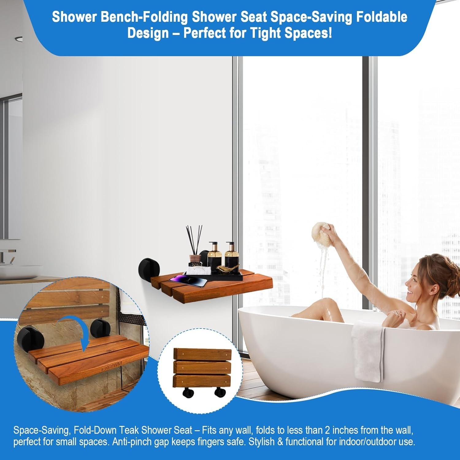 20-inch Teak Shower Bench Wall Mounted Fold-Down Shower Seat