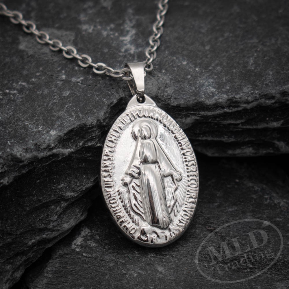 Miraculous Medal Necklace – Stainless Steel Virgin Mary Pendant – 18”+2” Chain